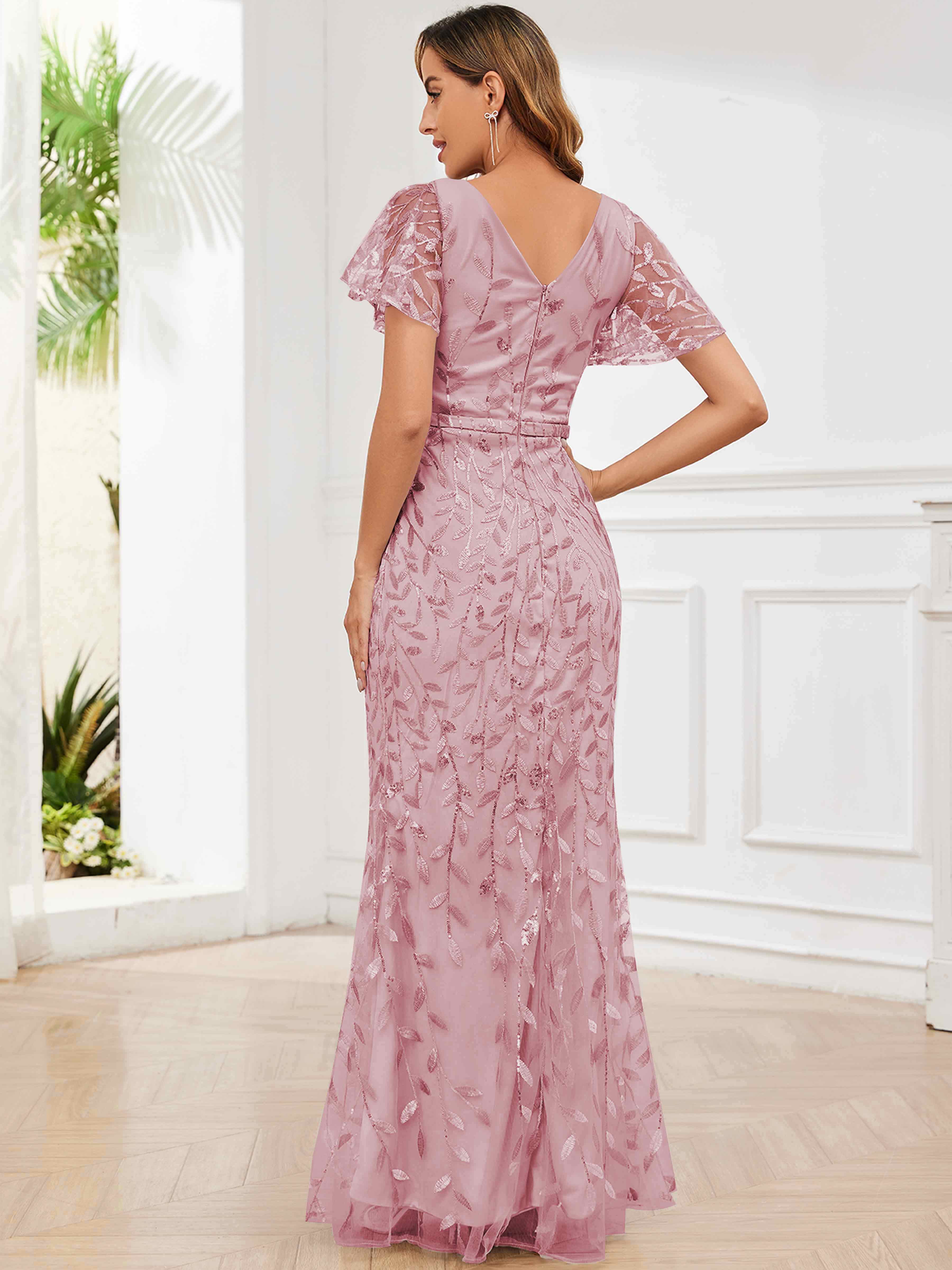 ROVDESY V-Neck Mermaid Sequin Mother Of The Bride Dress With Short Sleeves