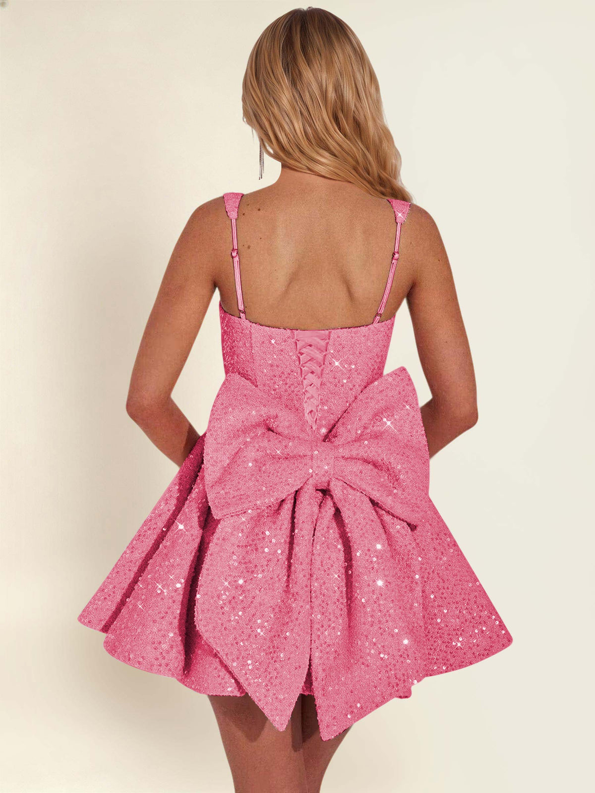 ROVDESY Sparkly Sequin A-Line Square Neck Homecoming Mini Dress With Big Bow