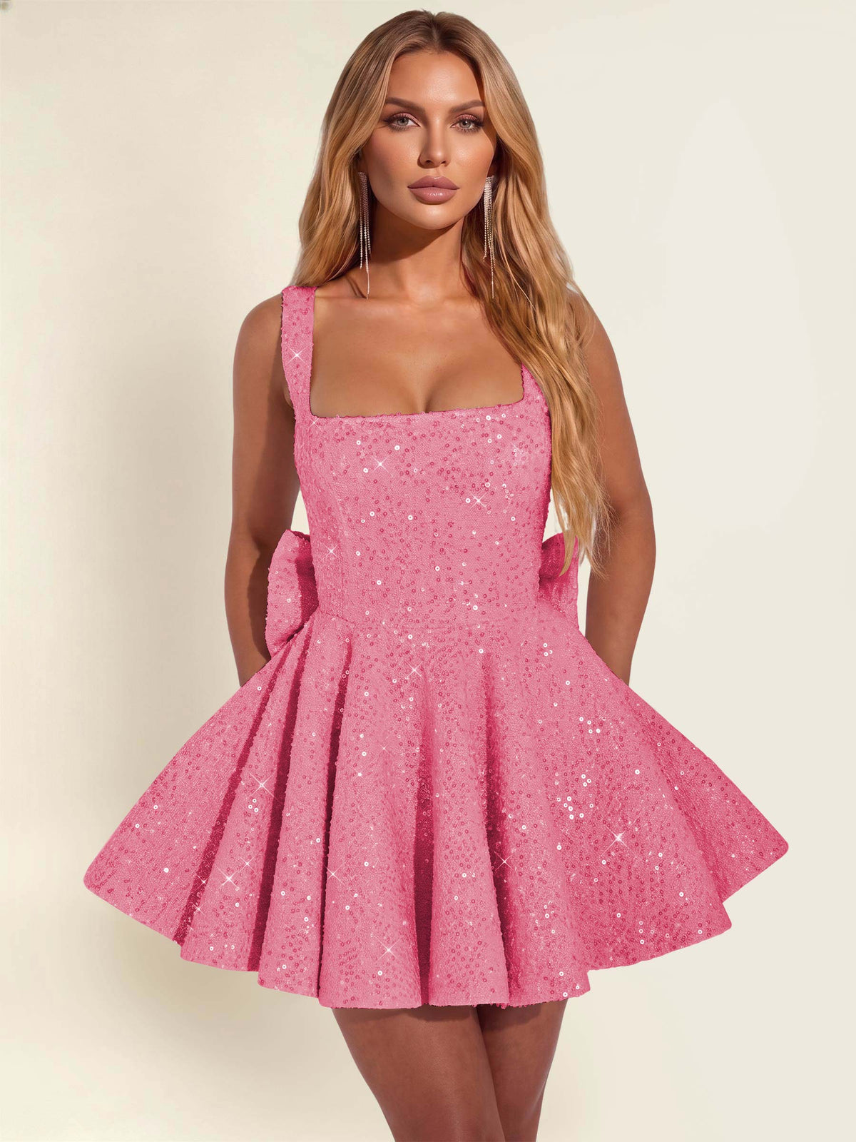 ROVDESY Sparkly Sequin A-Line Square Neck Homecoming Mini Dress With Big Bow