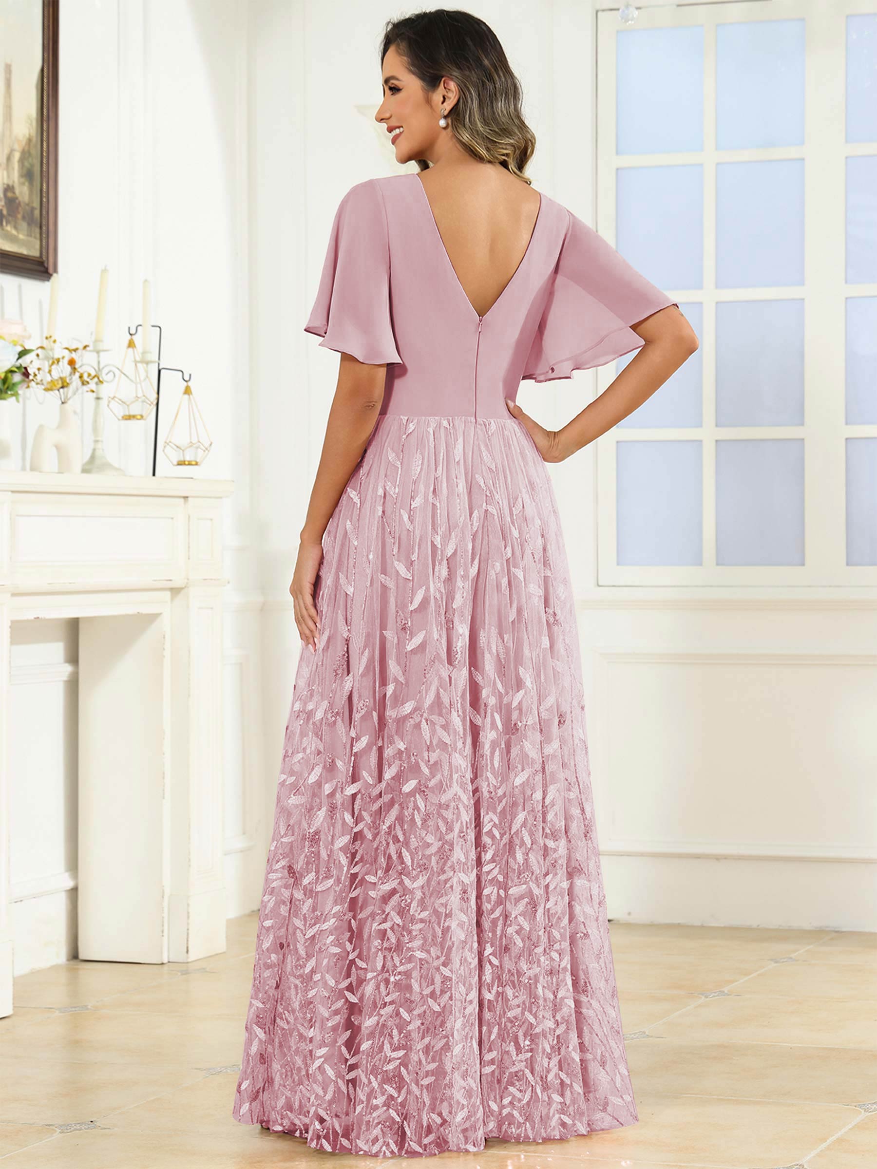 ROVDESY A-Line V-Neck Chiffon Sequin Mother Of The Bride Dress With Short Sleeves