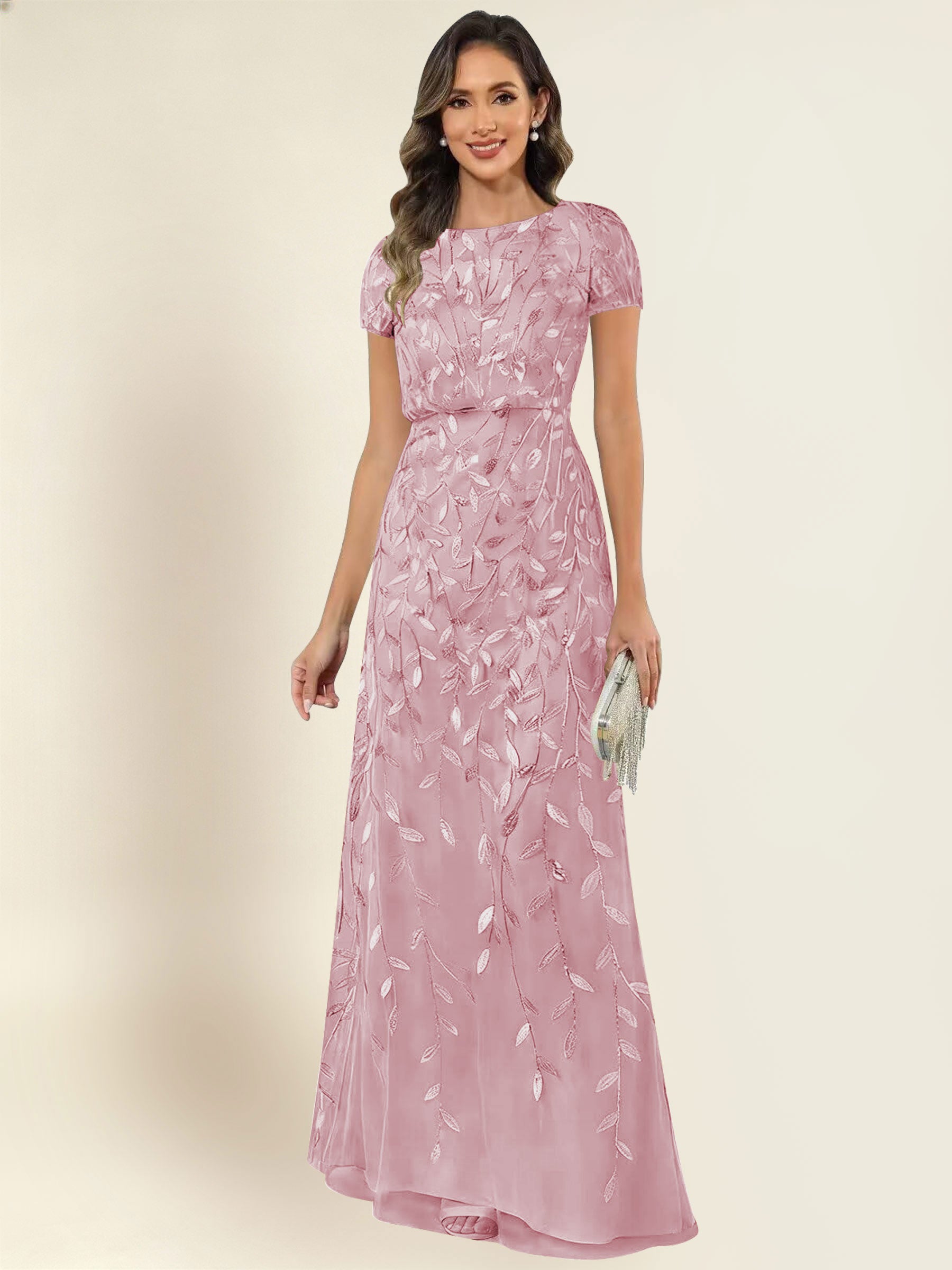 ROVDESY Sequin Mermaid Long Mother Of The Bride Dress With Short Sleeves Formal Gown