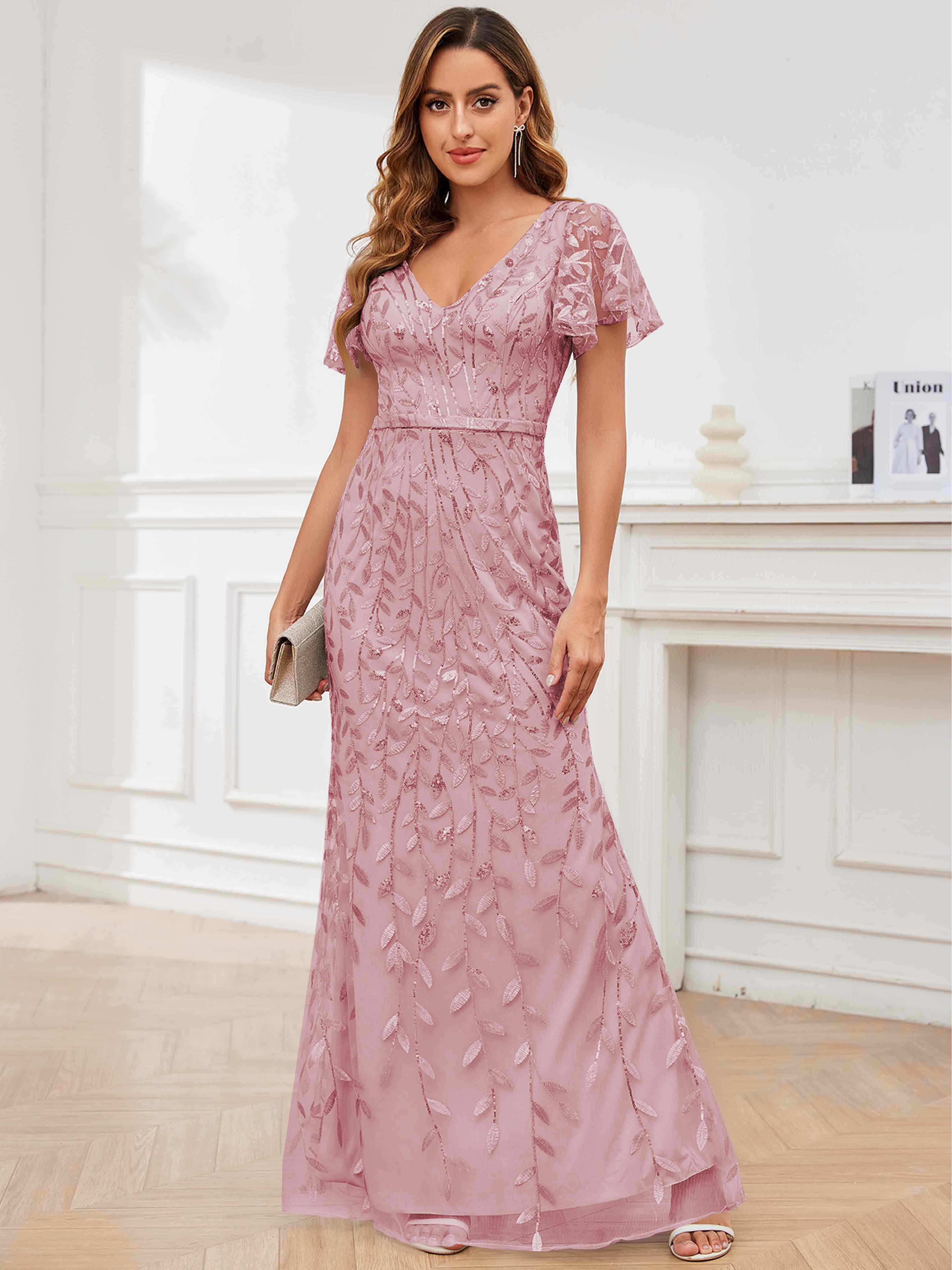 ROVDESY V-Neck Mermaid Sequin Mother Of The Bride Dress With Short Sleeves