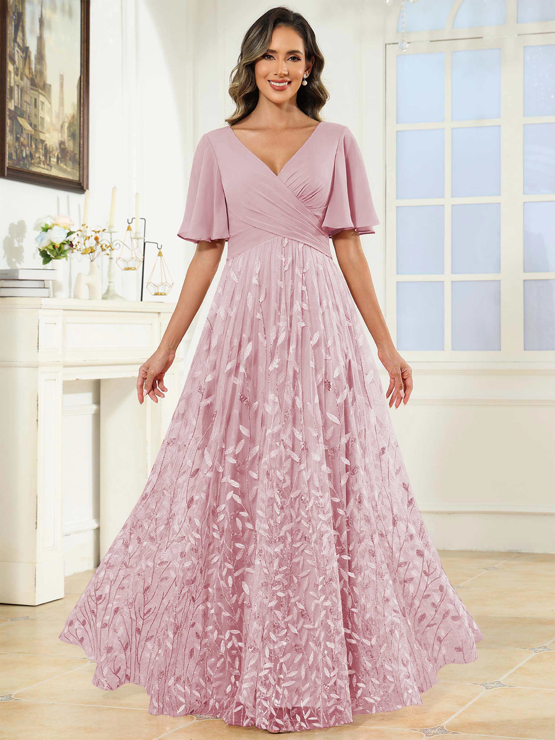 ROVDESY A-Line V-Neck Chiffon Sequin Mother Of The Bride Dress With Short Sleeves