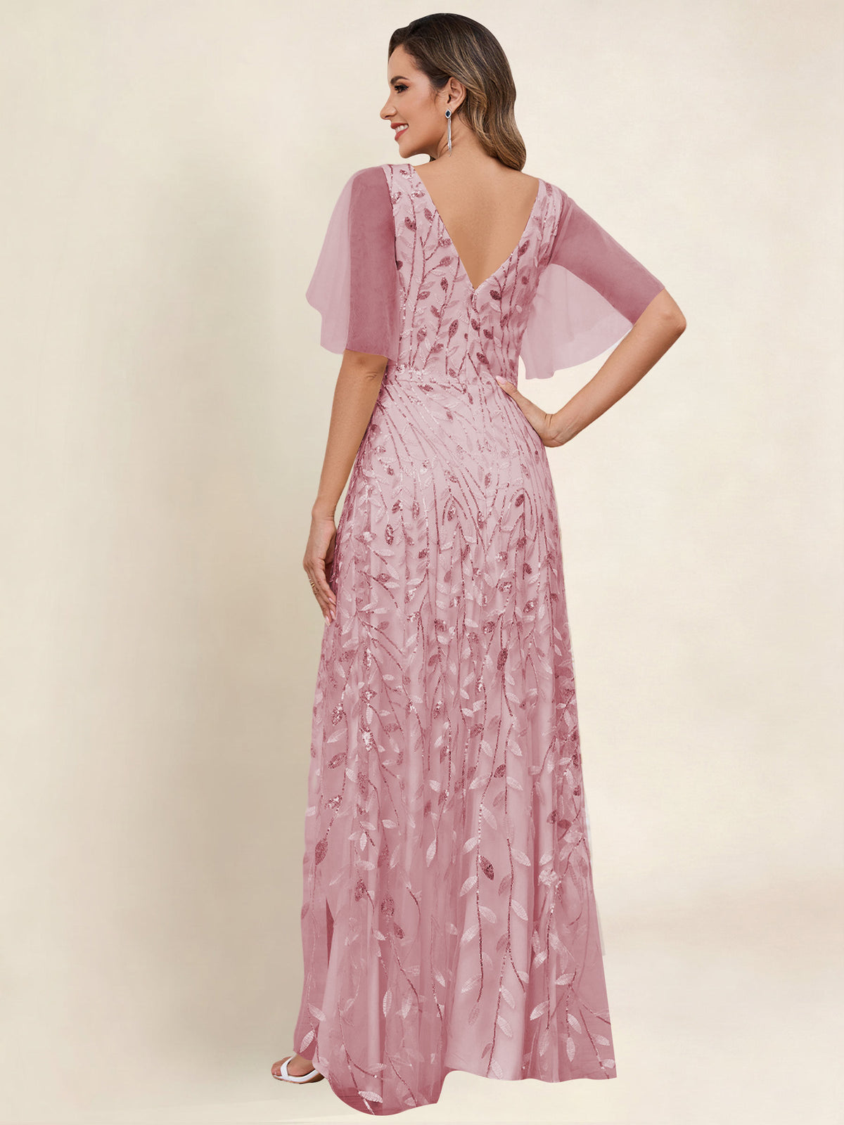 V Neck Sequin Tulle A Line Mother of the Bride Dress with Sleeves