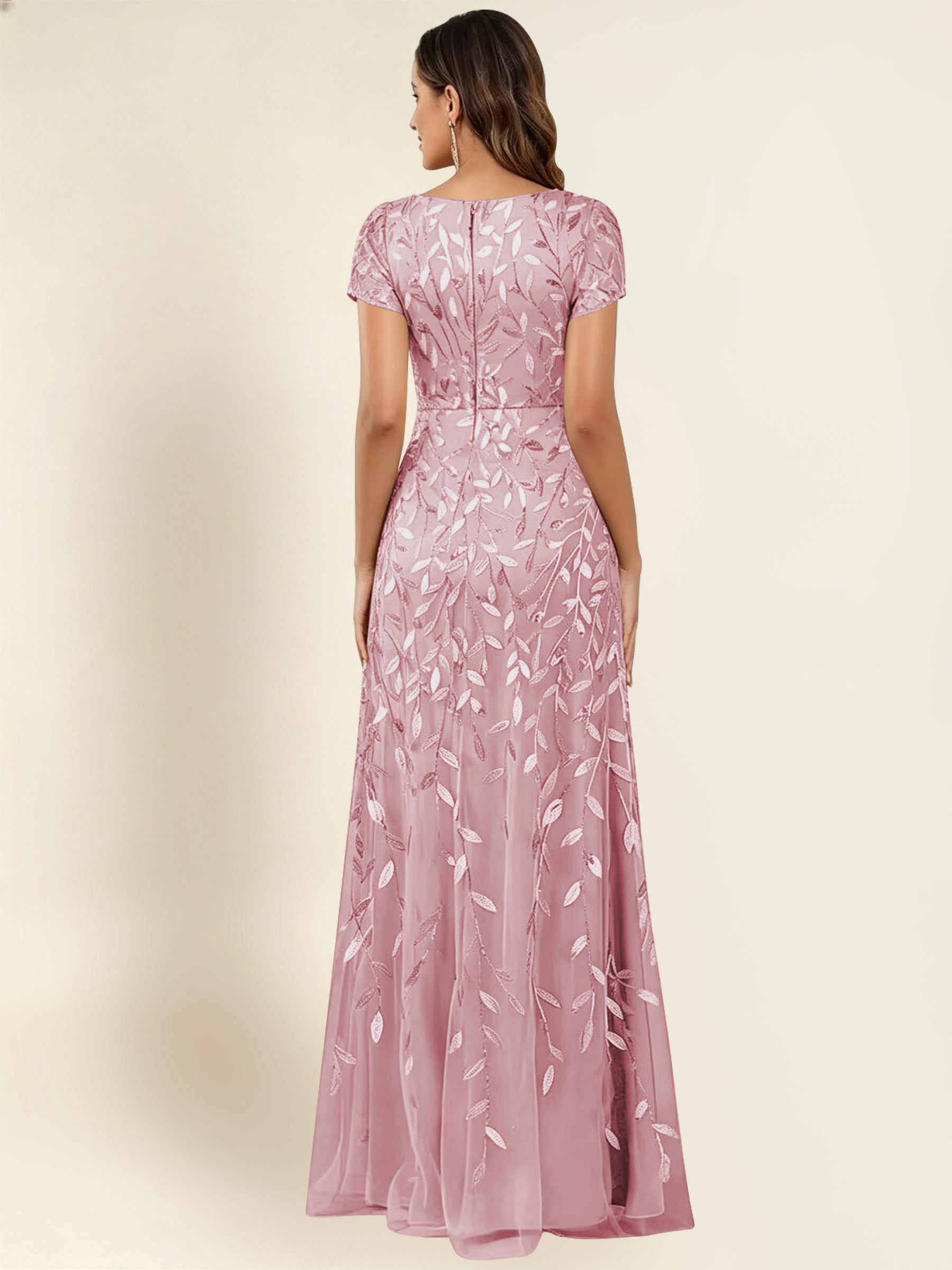 ROVDESY Sequin Mermaid Long Mother Of The Bride Dress With Short Sleeves Formal Gown