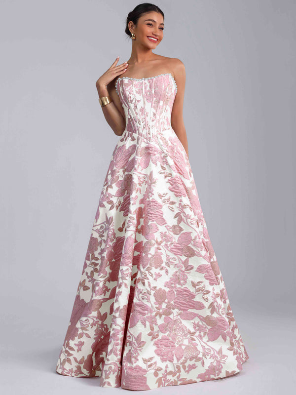 A-Line Strapless Jacquard Satin Prom Dress Long Ball Gown