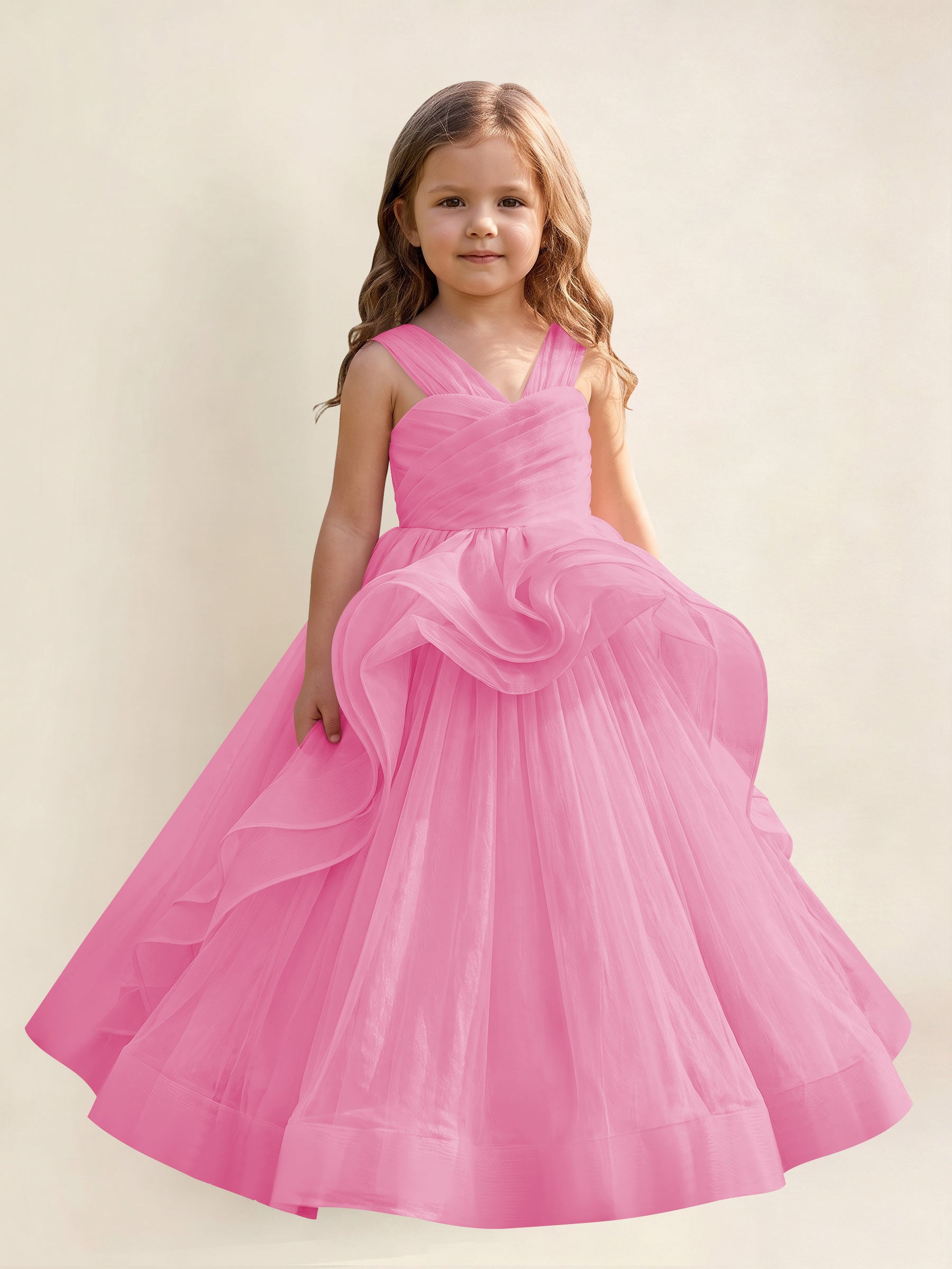 ROVDESY A-Line V-Neck Tulle Flower Girl Dress With Sleeveless Long Ball Gown Dress