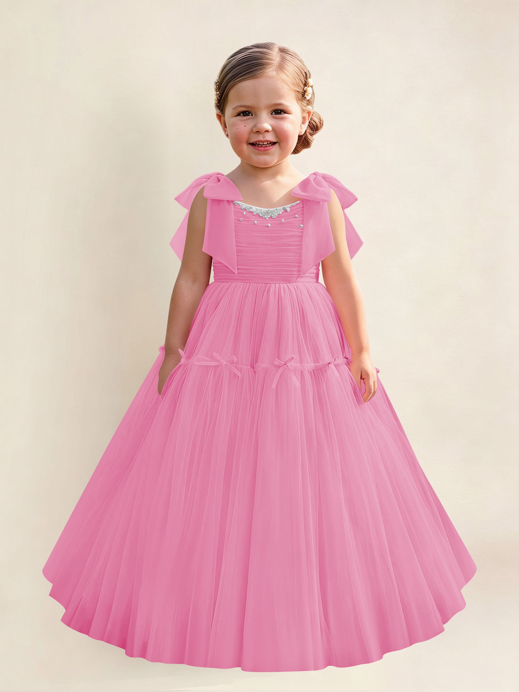ROVDESY A-Line Tulle Flower Girl Dress With Bow Long Ball Gown Dress