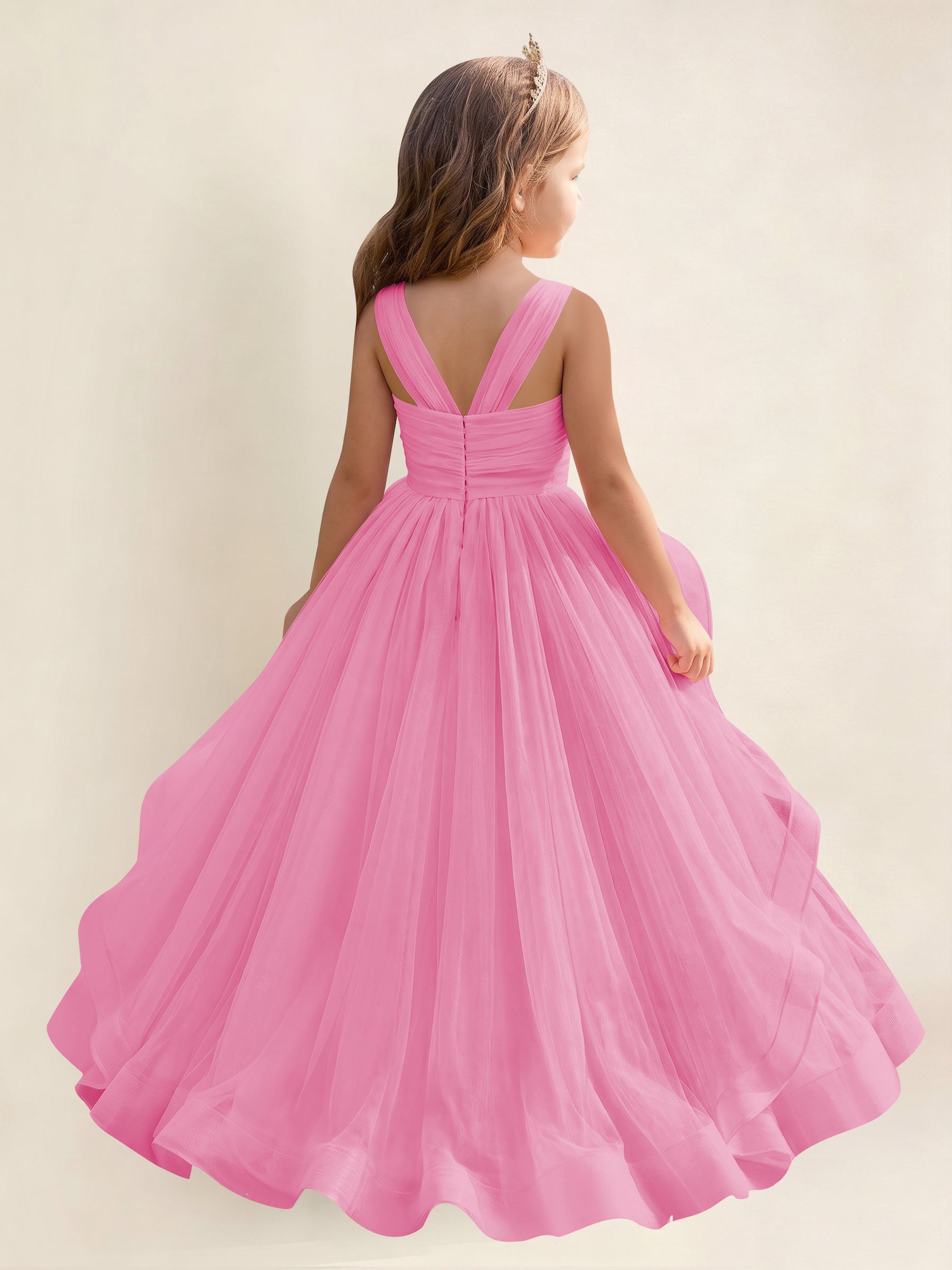 ROVDESY A-Line V-Neck Tulle Flower Girl Dress With Sleeveless Long Ball Gown Dress