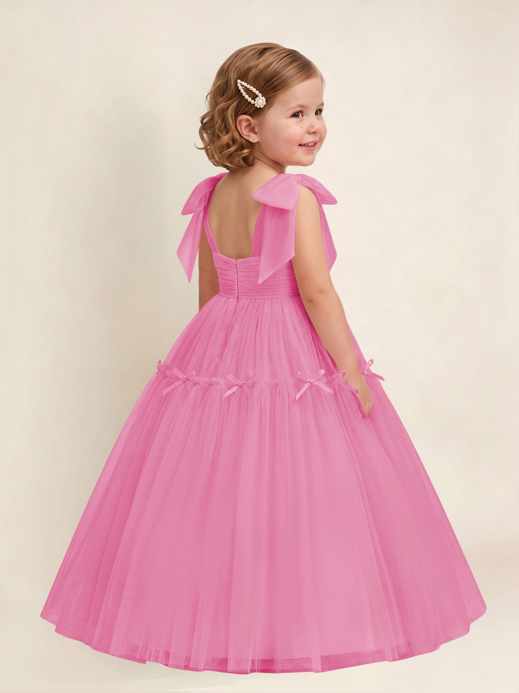 ROVDESY A-Line Tulle Flower Girl Dress With Bow Long Ball Gown Dress