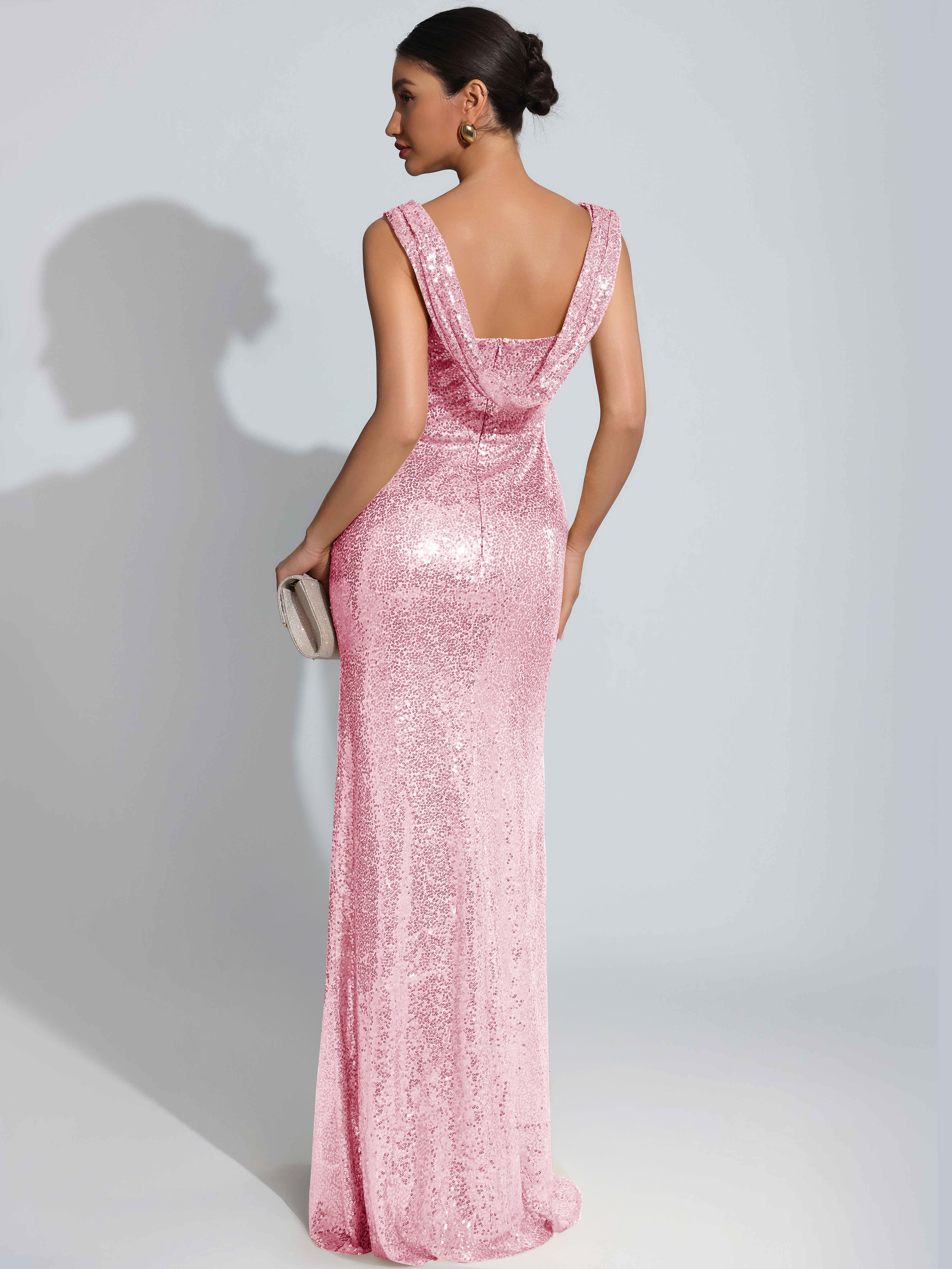 ROVDESY Sparkly Bateau Mermaid Ruched Sequin Long Prom Dress with Slit