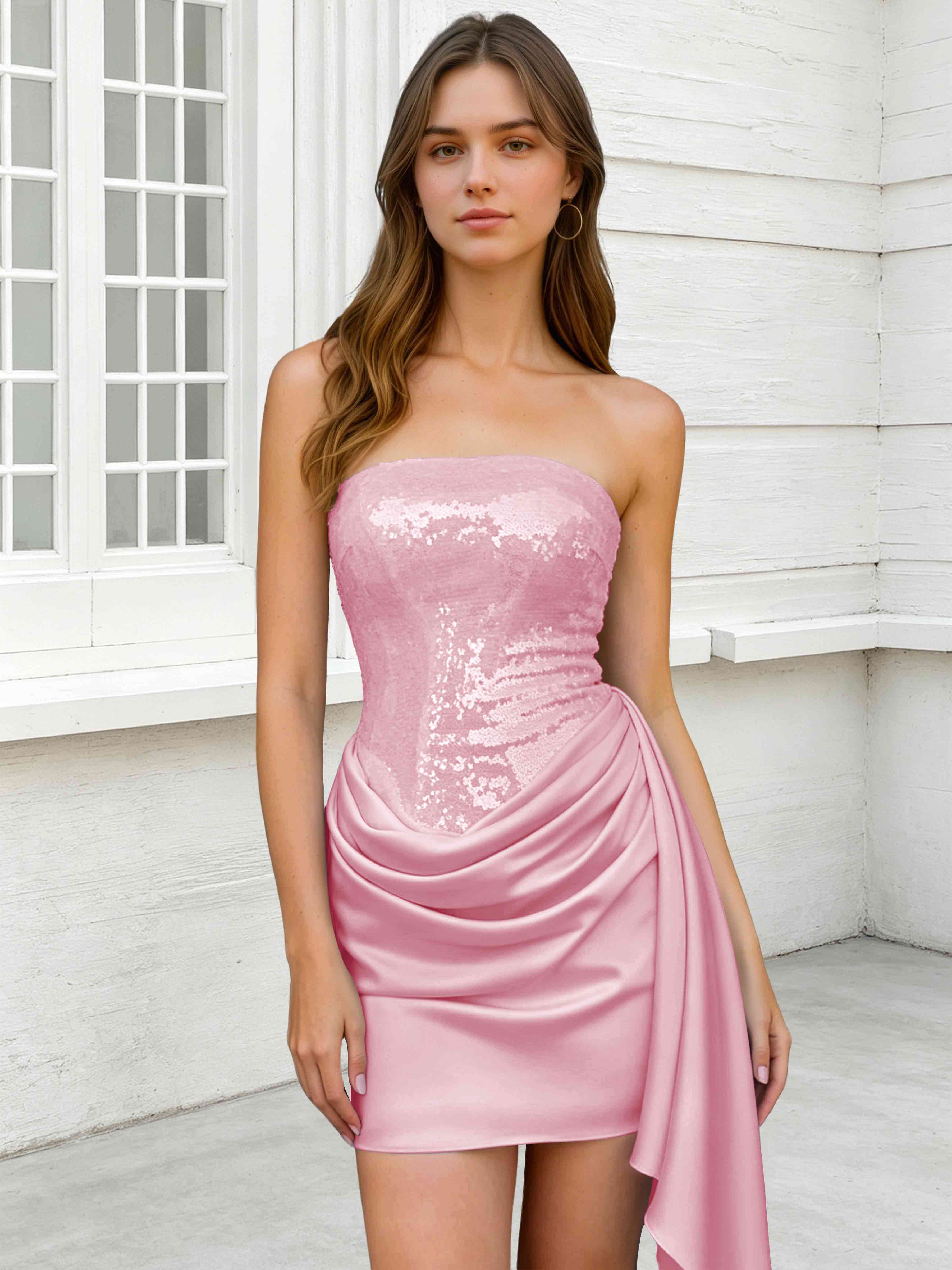 ROVDES Strapless Sequin Satin Tight Homecoming Mini Dress With Side Sash