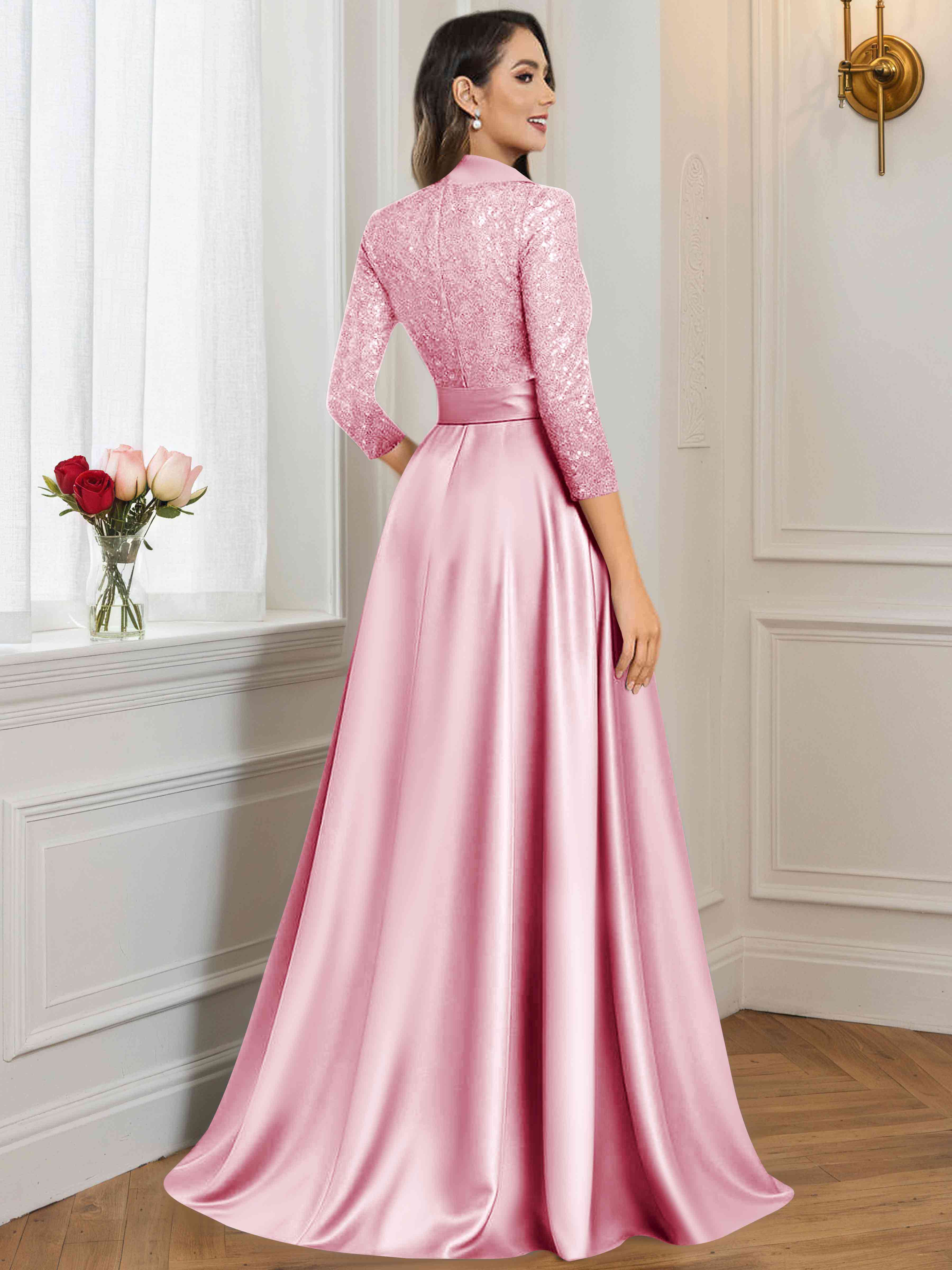 ROVDESY A-Line V Neck Sequin Satin  Long Mother of The Bride Dress Formal Gown With 3/4 Sleeves