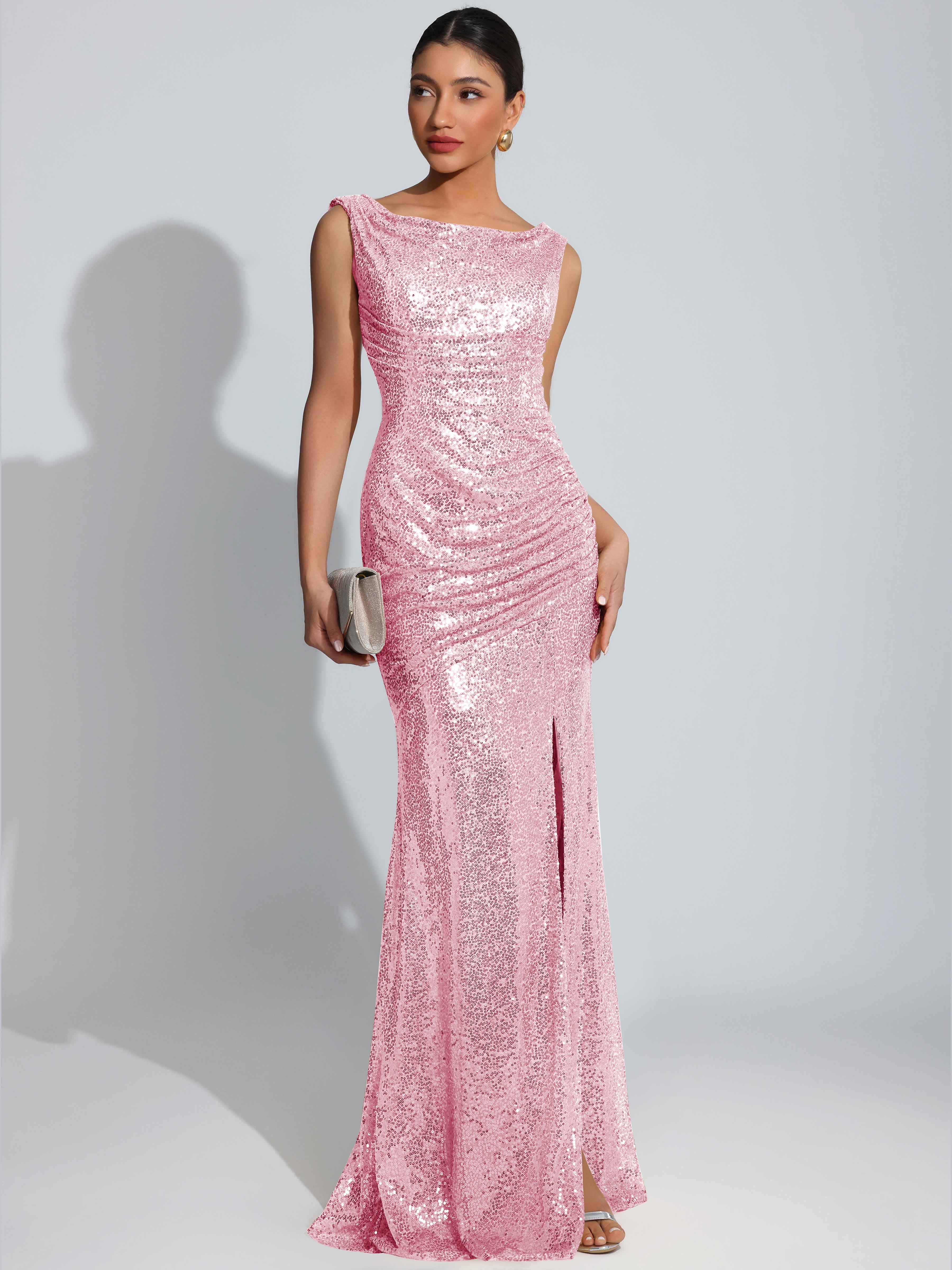 ROVDESY Sparkly Bateau Mermaid Ruched Sequin Long Prom Dress with Slit