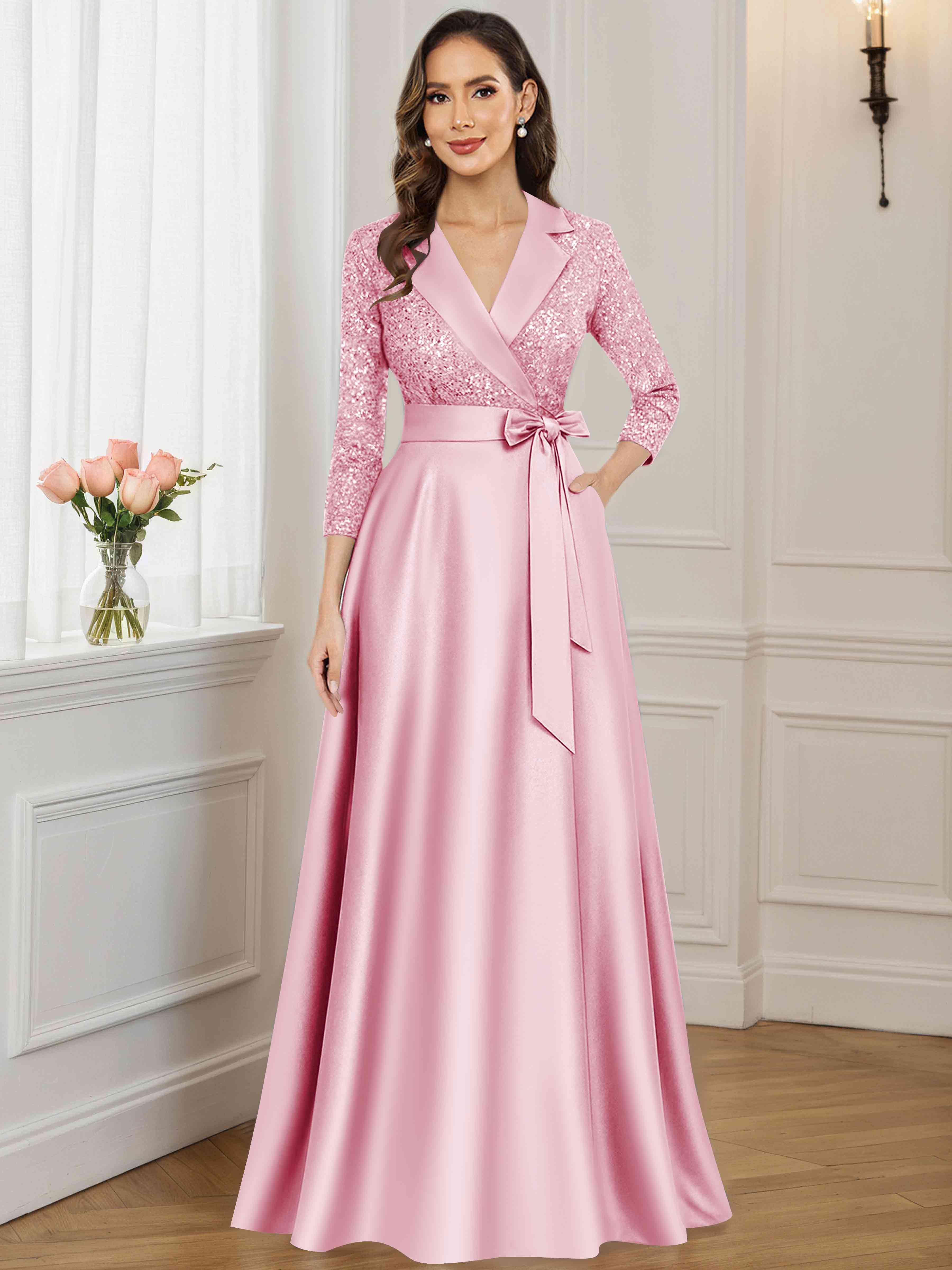 ROVDESY A-Line V Neck Sequin Satin  Long Mother of The Bride Dress Formal Gown With 3/4 Sleeves