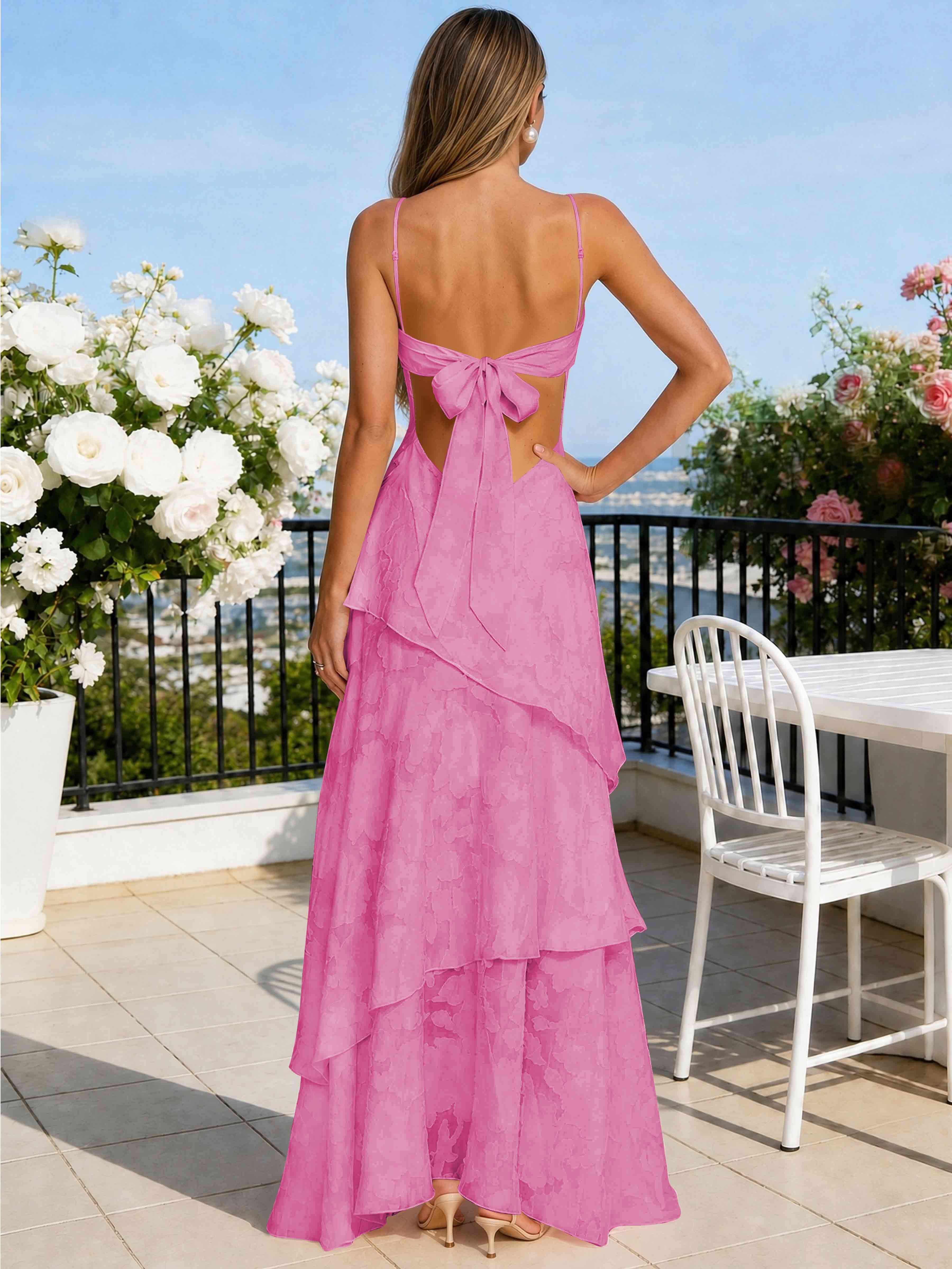 ROVDESY Spaghetti Strap V-Neck Chiffon Jacquard Tiered Ruffle Long Bridesmaid/Prom Dress