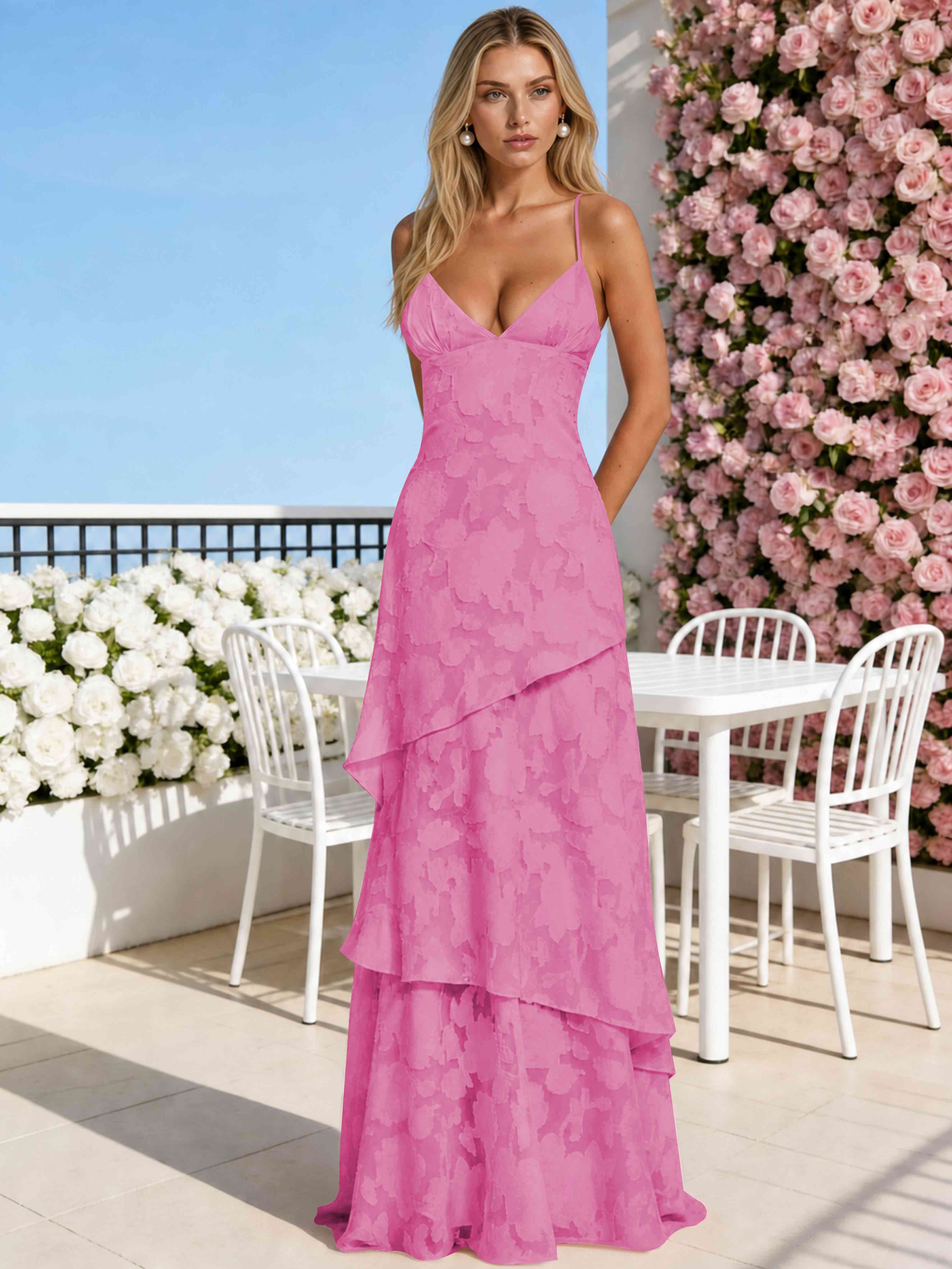 ROVDESY Spaghetti Strap V-Neck Chiffon Jacquard Tiered Ruffle Long Bridesmaid/Prom Dress