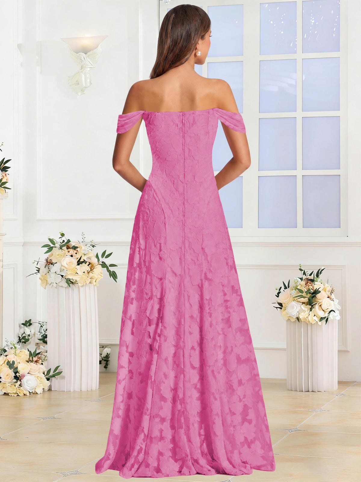 Off the Shoulder Floral Ruched A-line Bridesmaid Dress