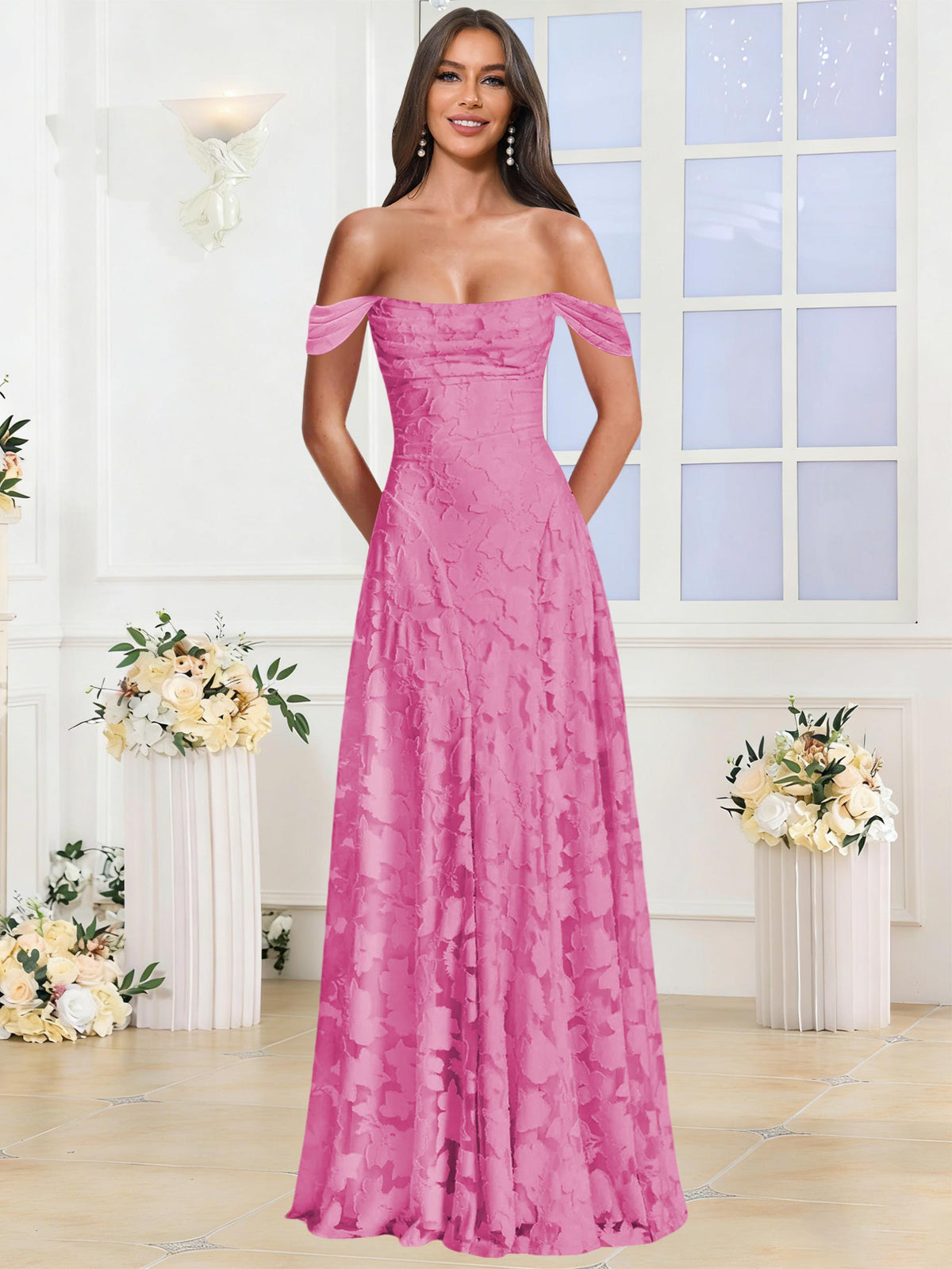 Off the Shoulder Floral Ruched A-line Bridesmaid Dress