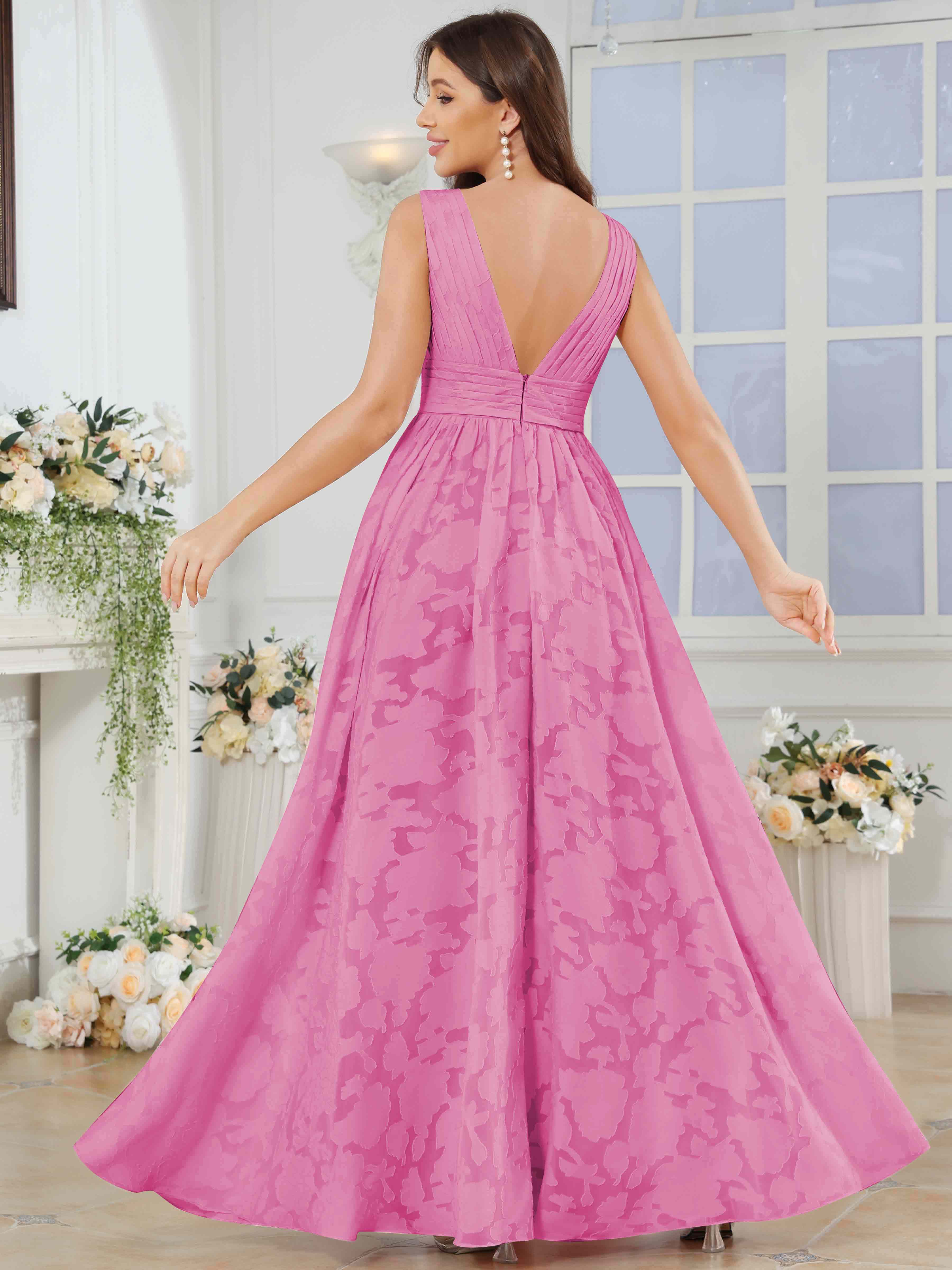 ROVDESY A-Line V-Neck Pleated Chiffon Jacquard Bridesmaid/Peom Dress With Slit