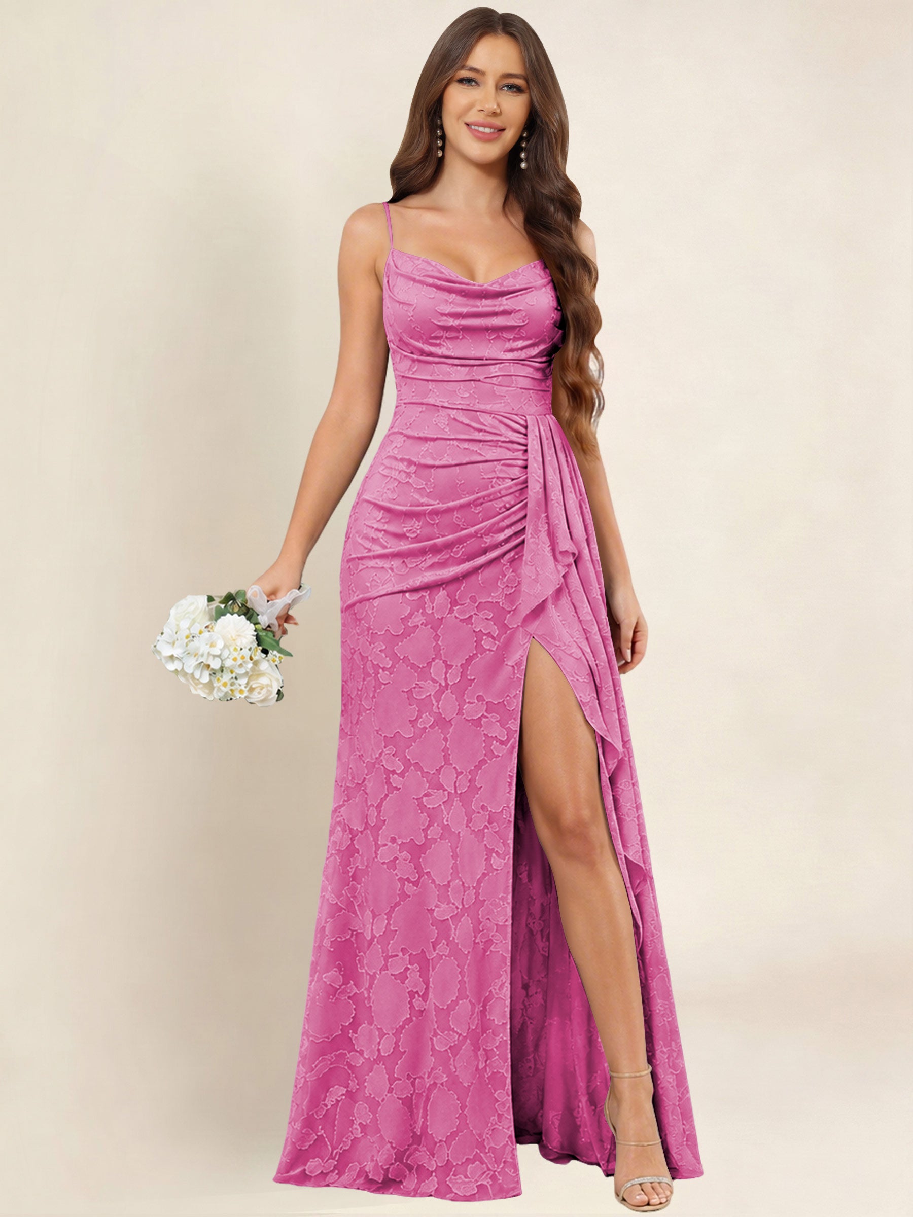 ROVDESY  Cowl Neck Ruffle Mermaid Chiffon Jacquard Bridesmaid/Prom Dress With Slit