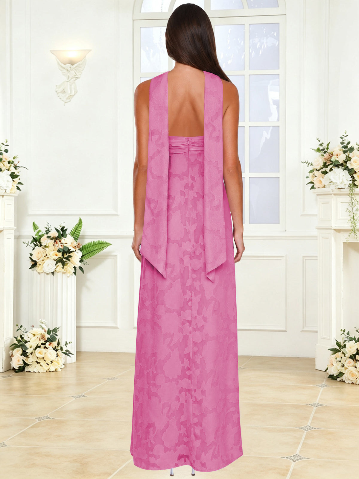 Spaghetti Strap Ruched Floral Jacquard A Line Bridesmaid Dress with Scarf