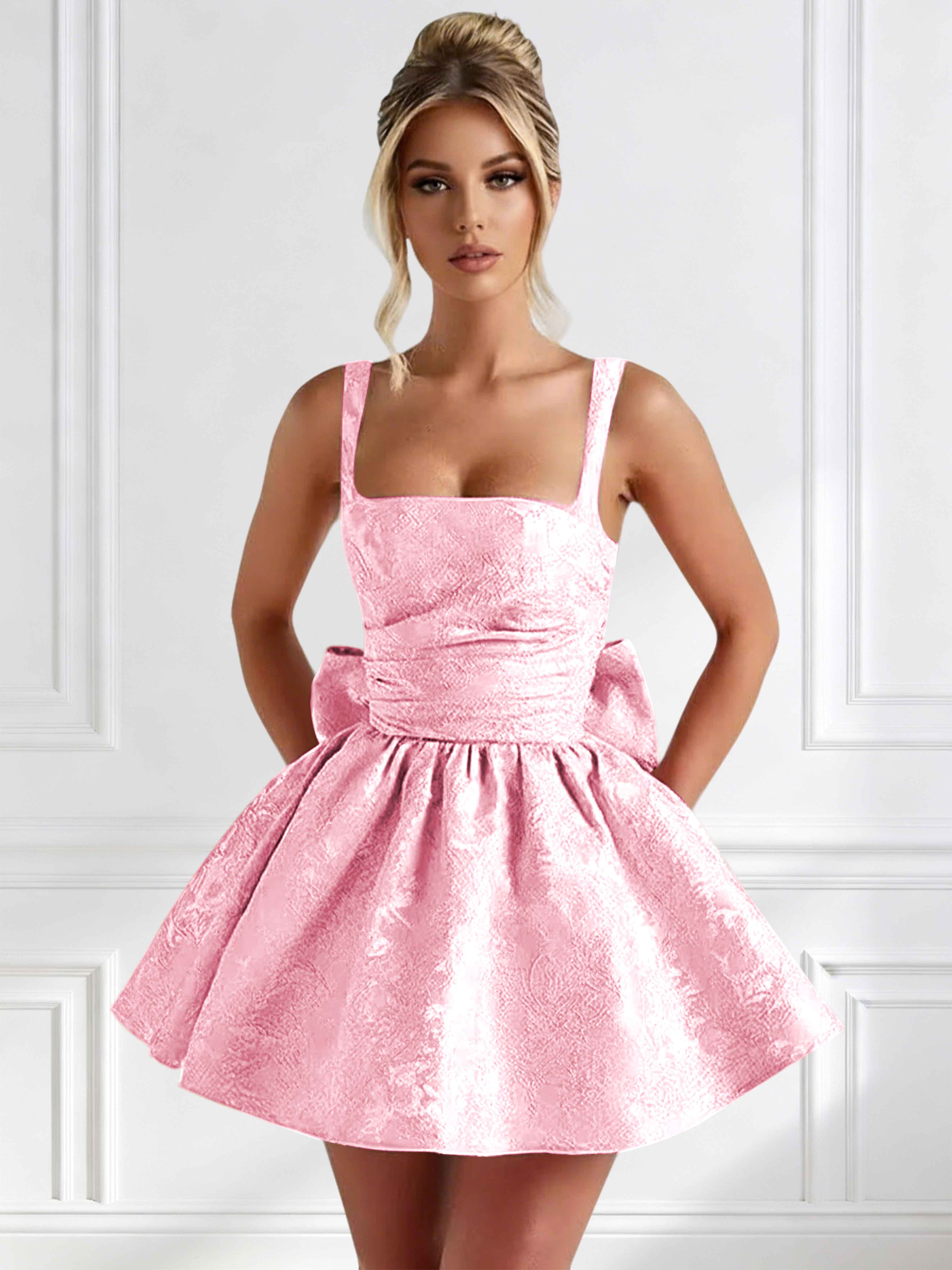 ROVDESY A-Line Square Neck Jacquard Satin Homecoming Mini Dress With Big Bow
