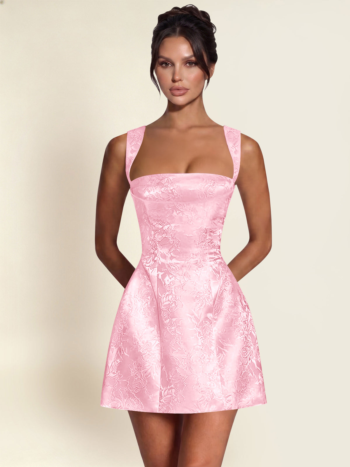 ROVDESY A-Line Square Neck Jacquard Satin Homecoming Mini Dress