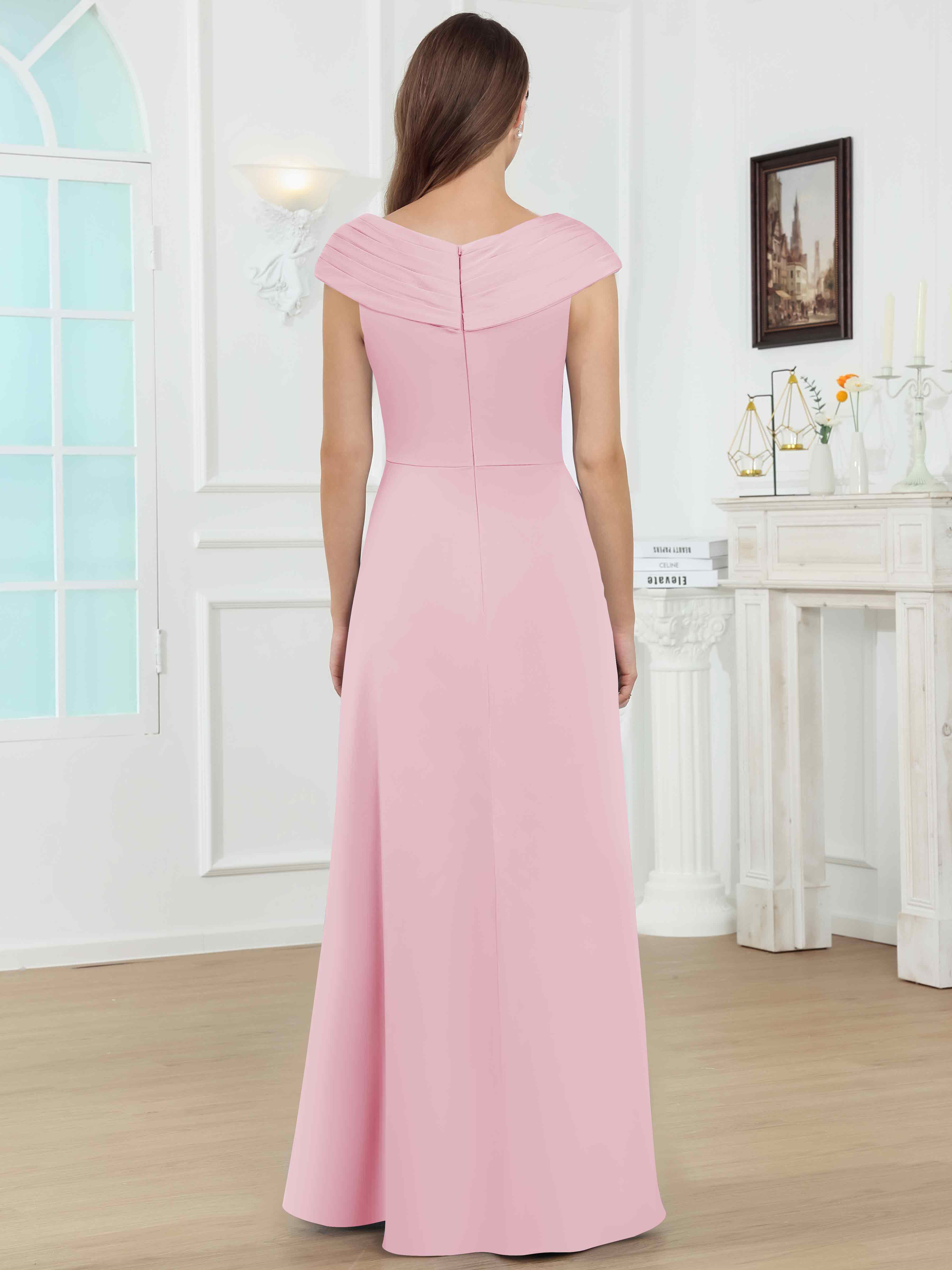 ROVDESY V-Neck Off The Shoulder Pleated Satin Mother Of The Bride Dress With Slit