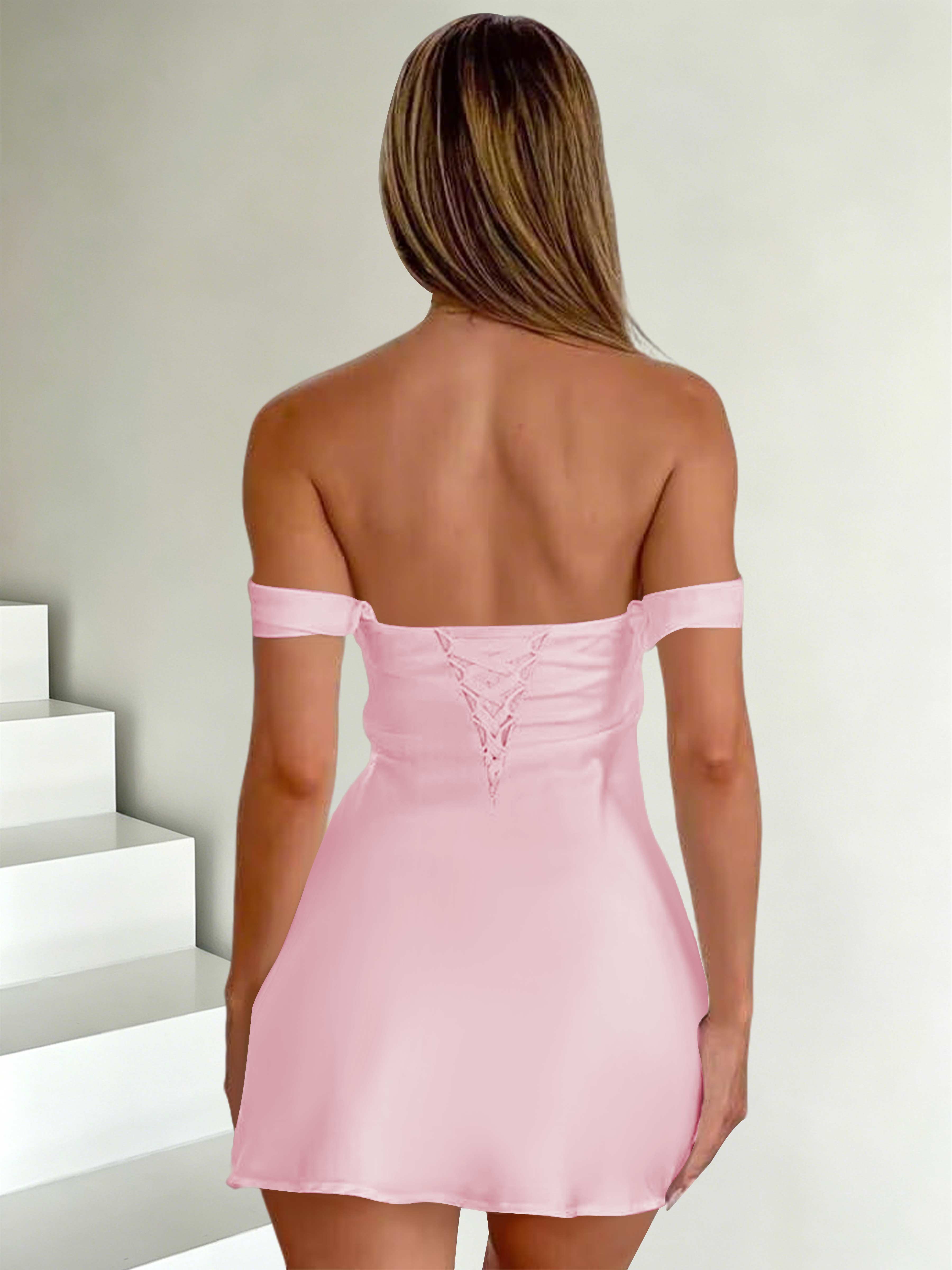 ROVDESY Off The Shoulder A-Line Pleated Satin Homecoming Mini Dress