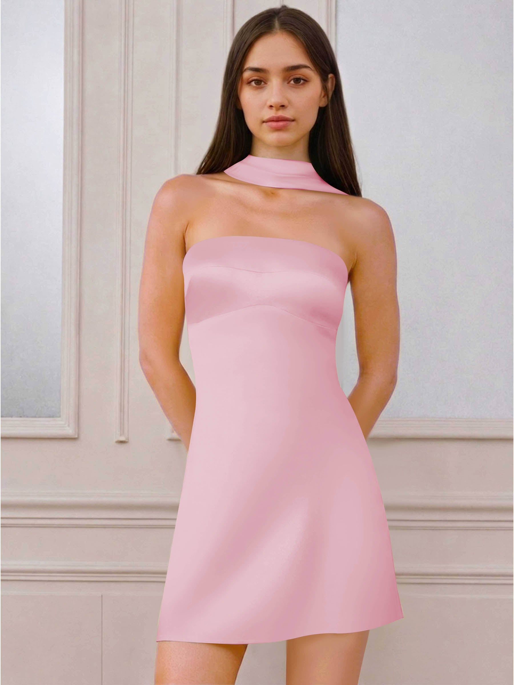 ROVDESY A-Line Halter Neck Satin Homecoming Mini Dress