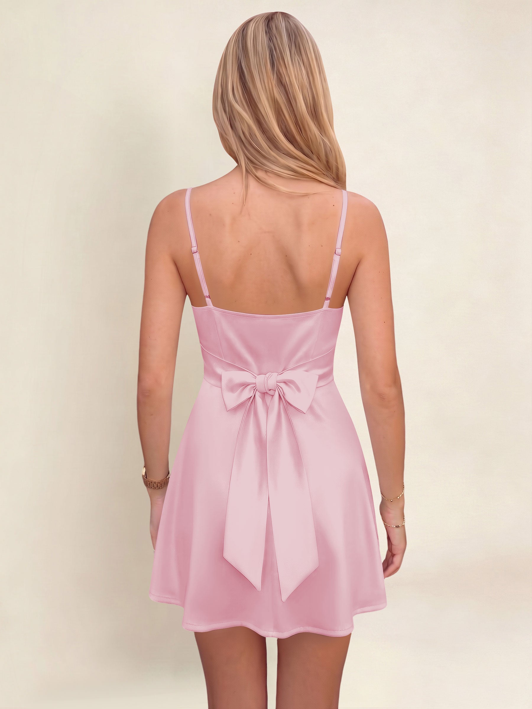 ROVDESY A-Line Spaghetti Strap Cowl Neck Satin Mini Homecoming Dress With Bow
