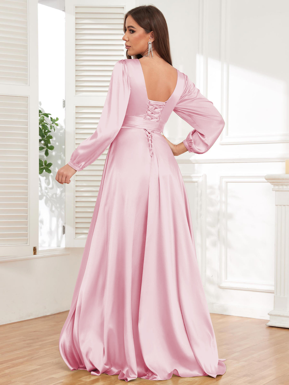 V Neck Satin Long Sleeve Bridesmaid Dress with Slit