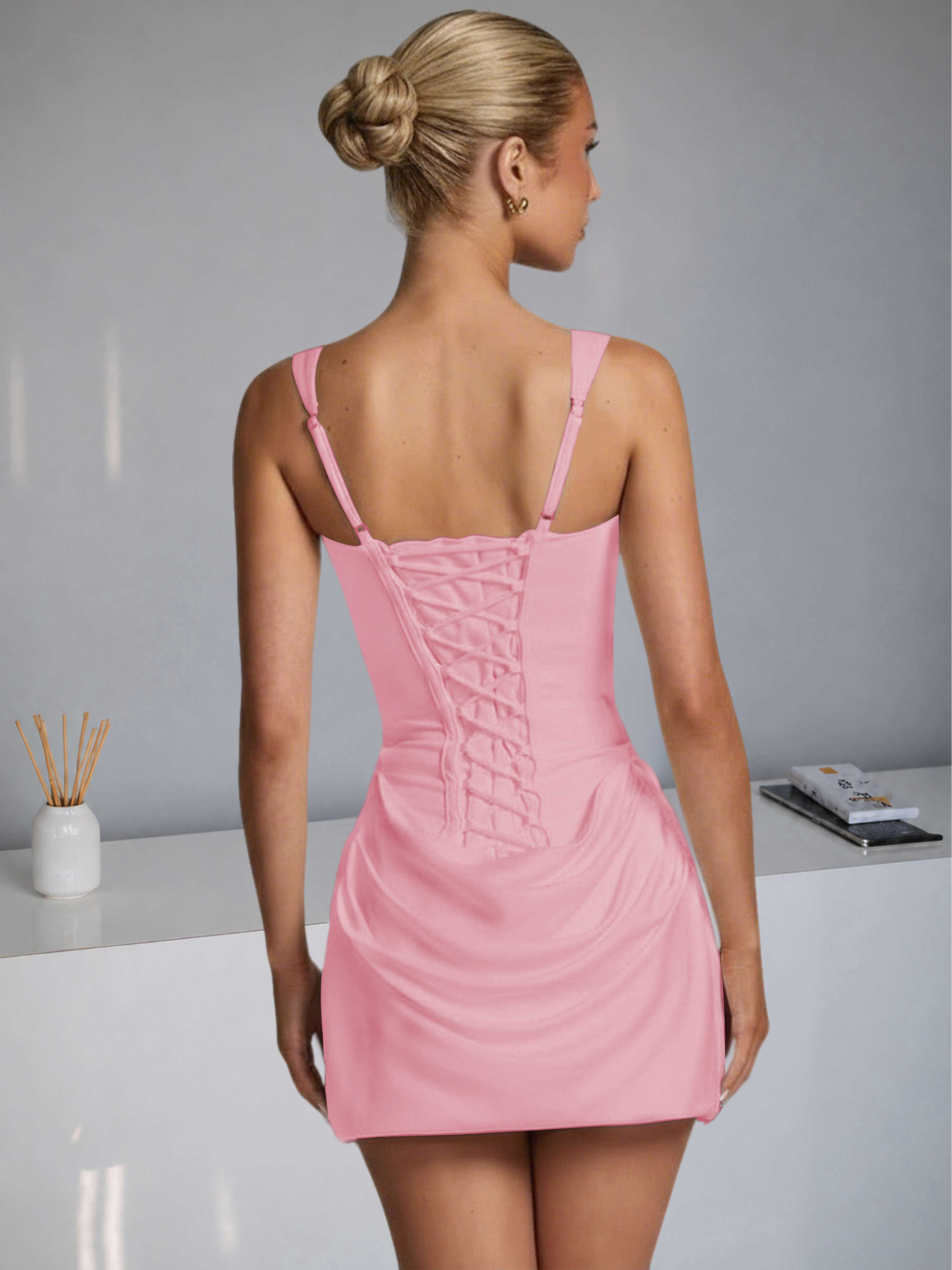 ROVDESY Square Neck Ruched Satin Homecoming Mini Dress