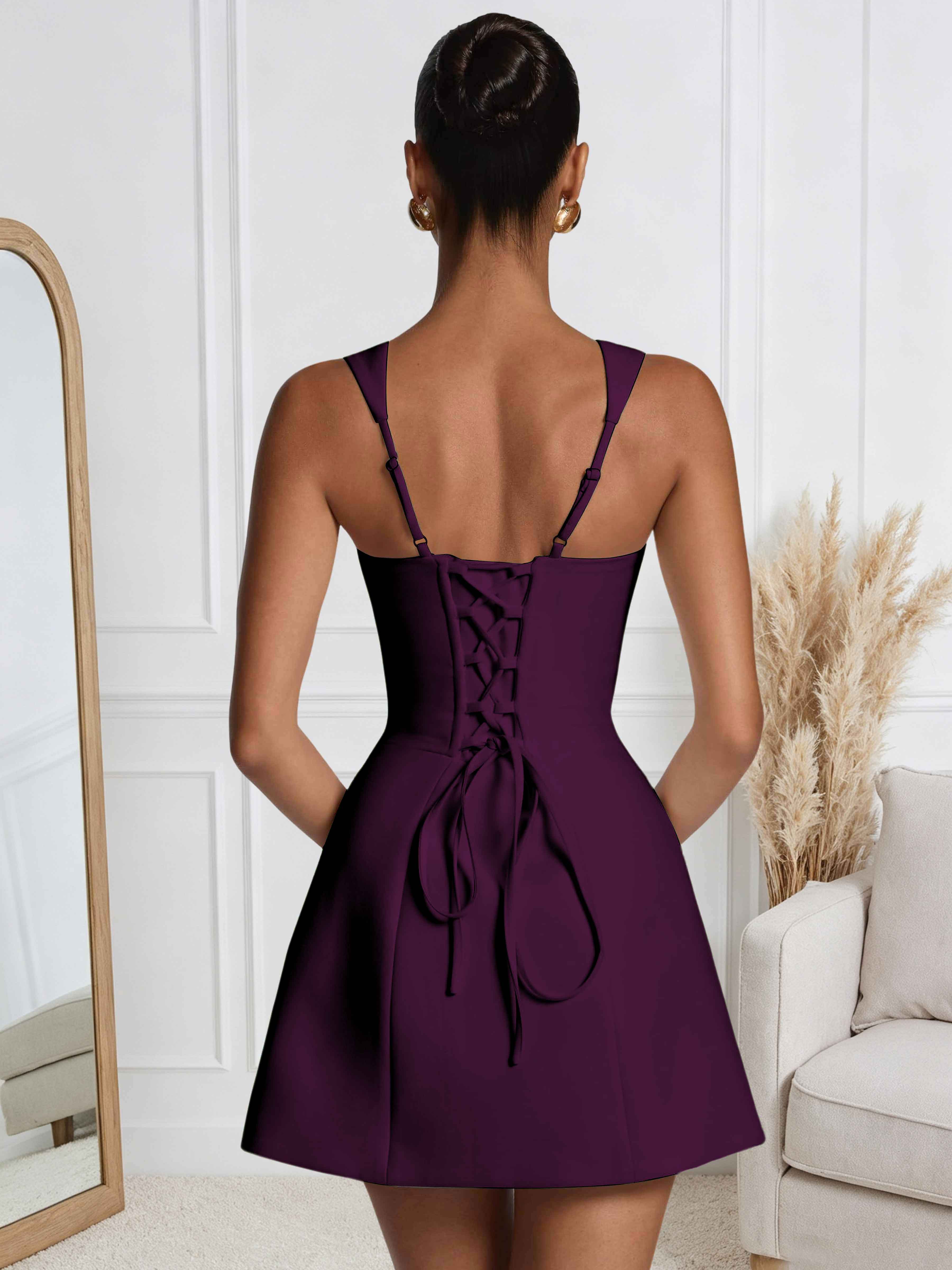 ROVDESY A-Line Square Neck Satin Homecoming Mini Dress