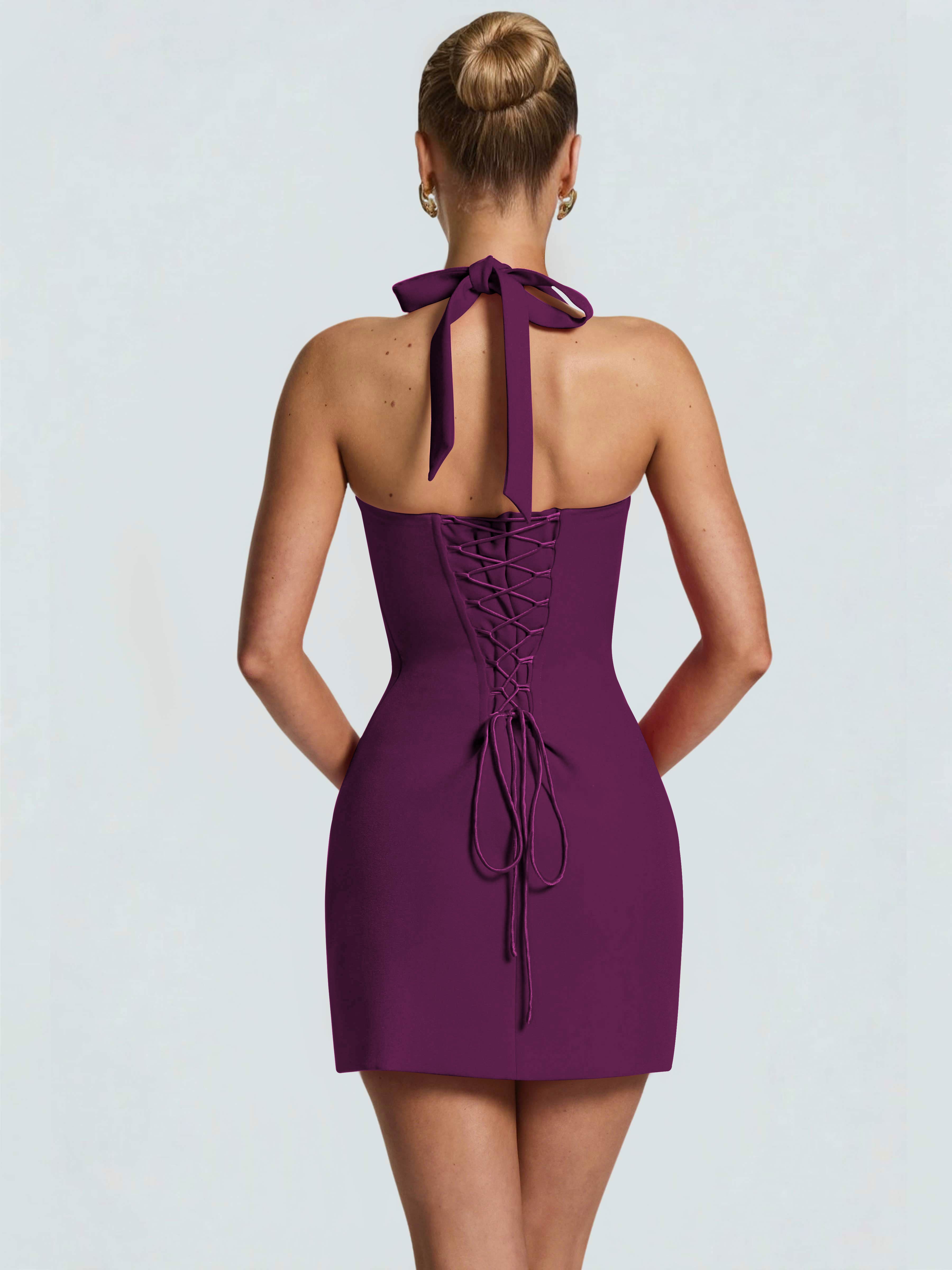 ROVDESY Halter Lace Satin Tight Homecoming Mini Dress