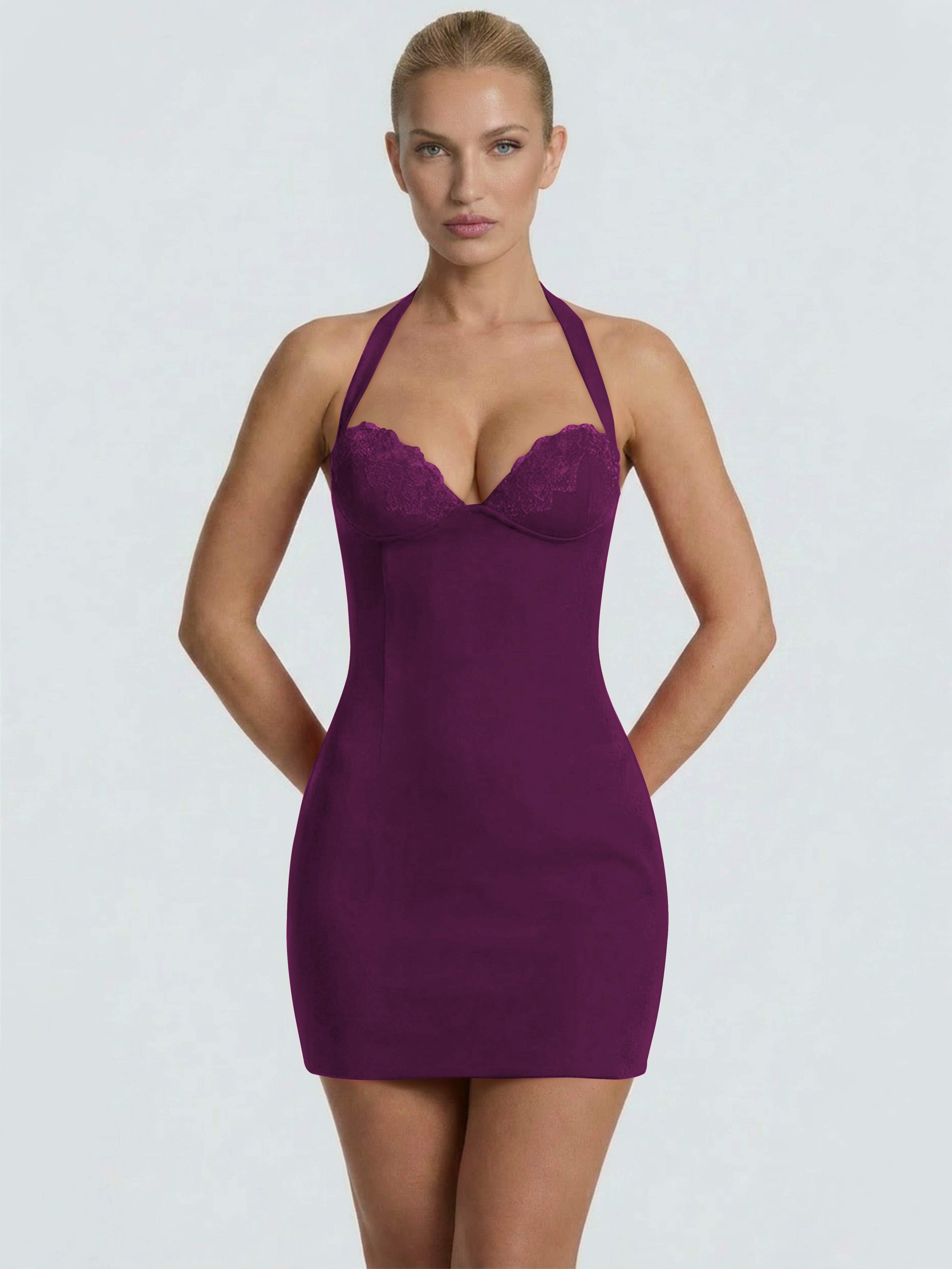 ROVDESY Halter Lace Satin Tight Homecoming Mini Dress
