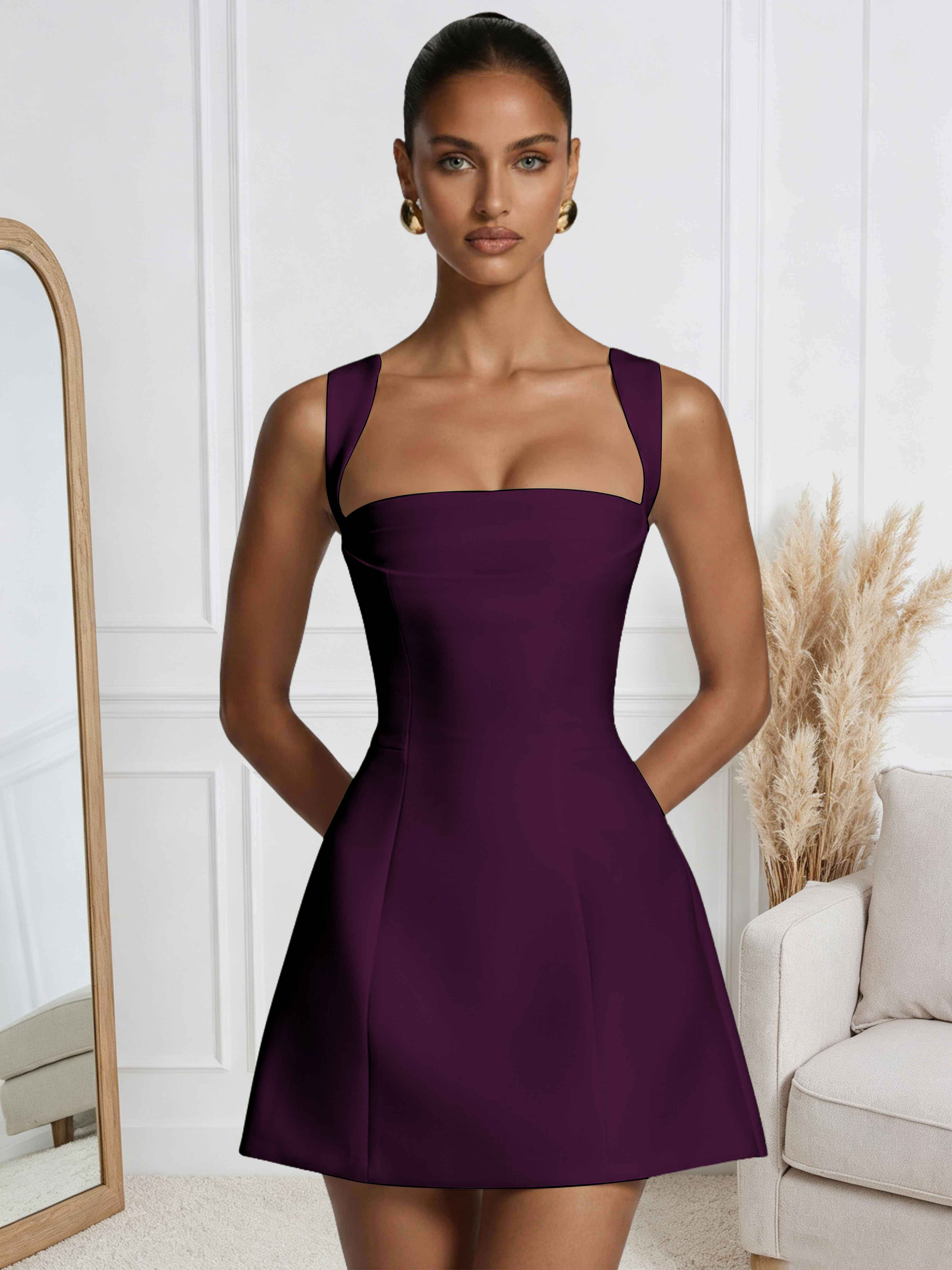 ROVDESY A-Line Square Neck Satin Homecoming Mini Dress