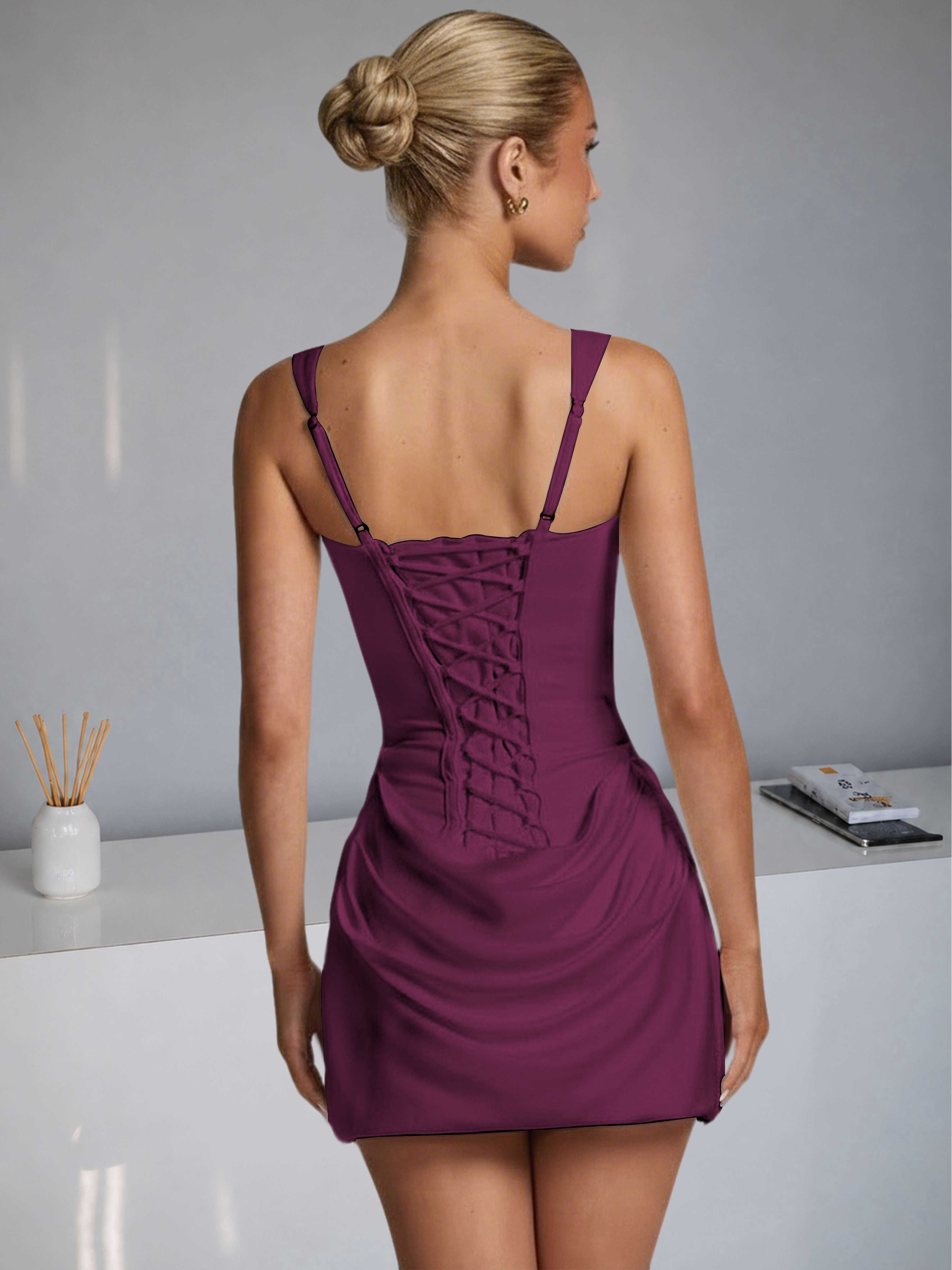 ROVDESY Square Neck Ruched Satin Homecoming Mini Dress