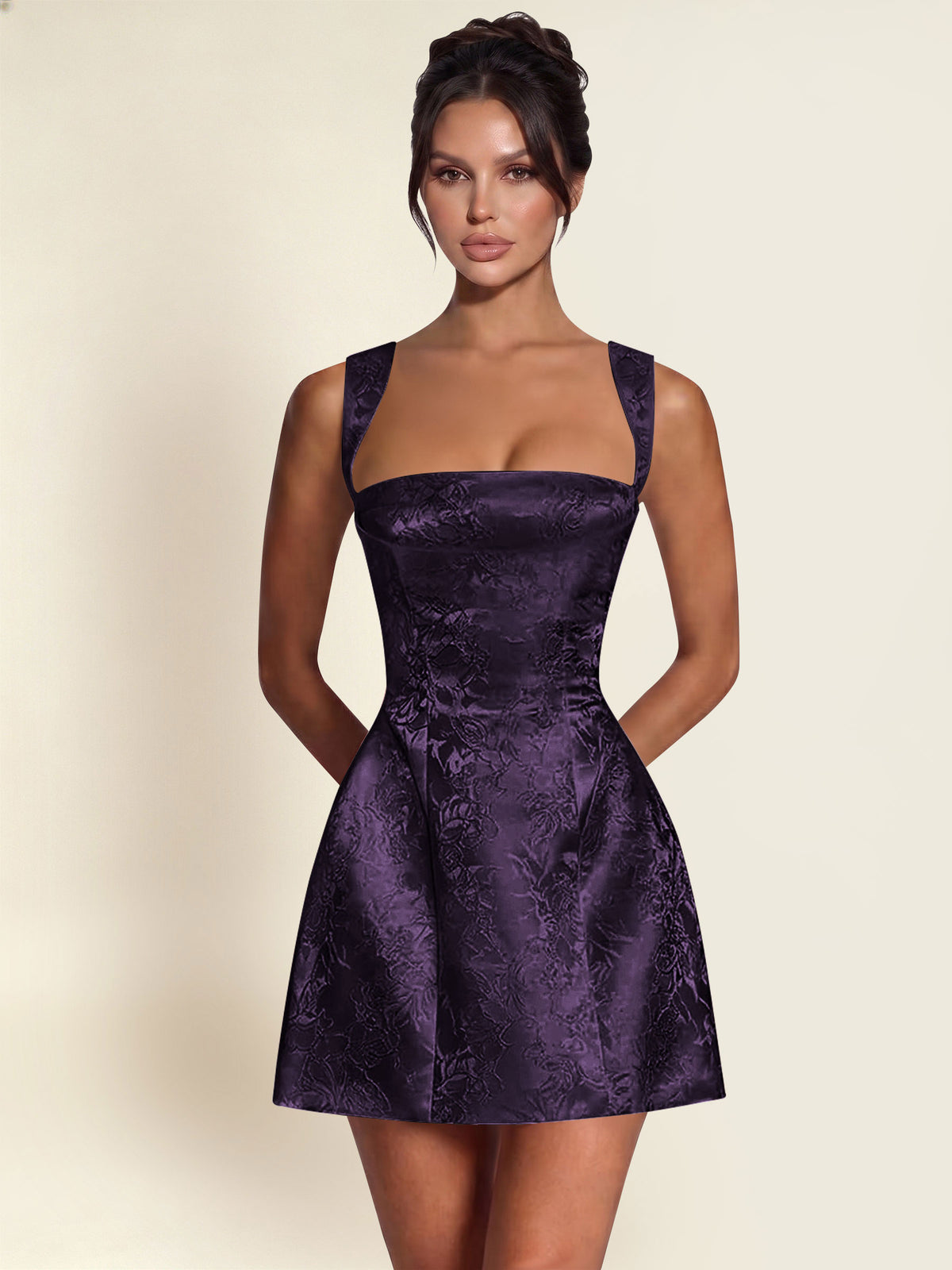 ROVDESY A-Line Square Neck Jacquard Satin Homecoming Mini Dress