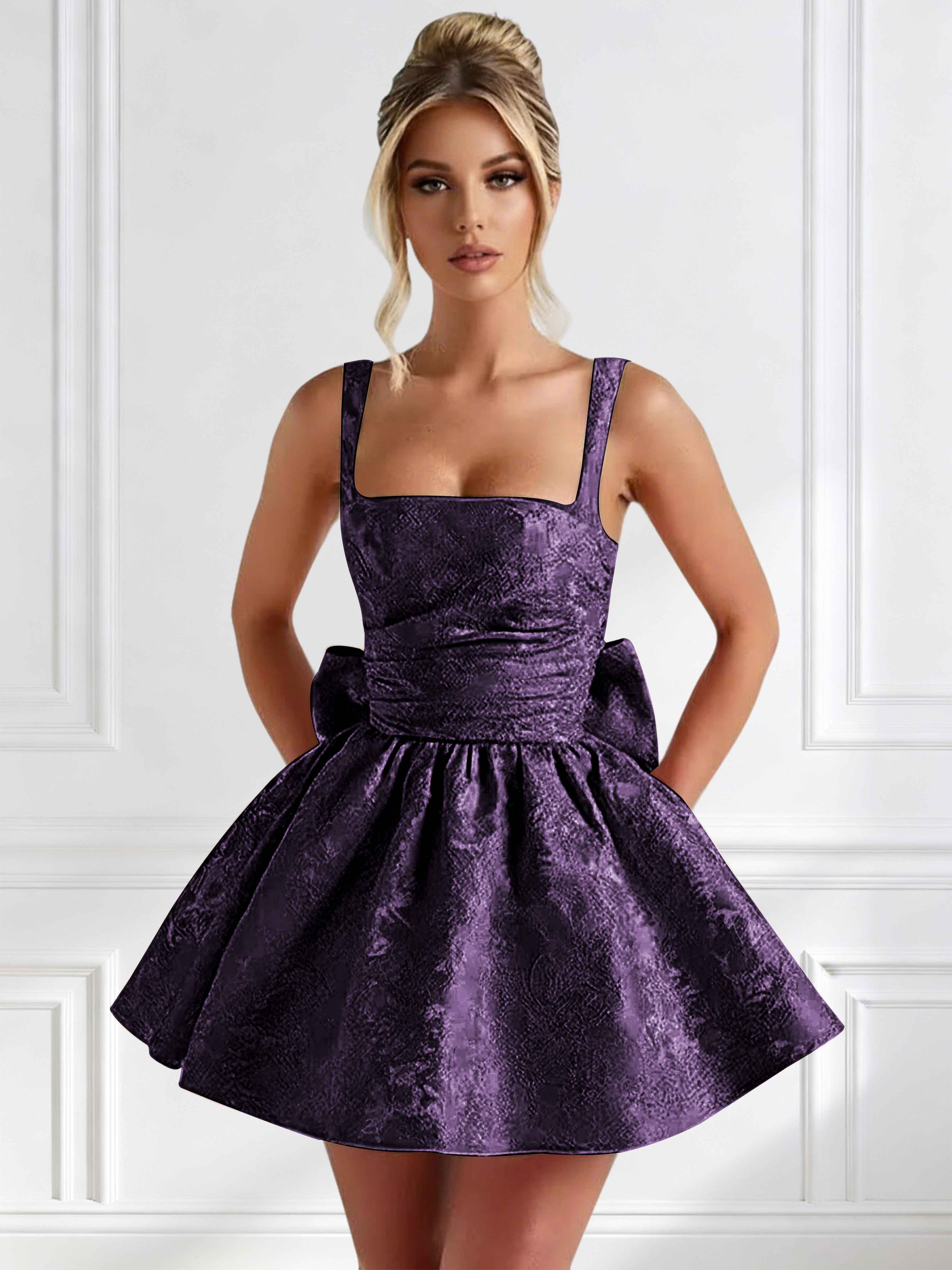 ROVDESY A-Line Square Neck Jacquard Satin Homecoming Mini Dress With Big Bow