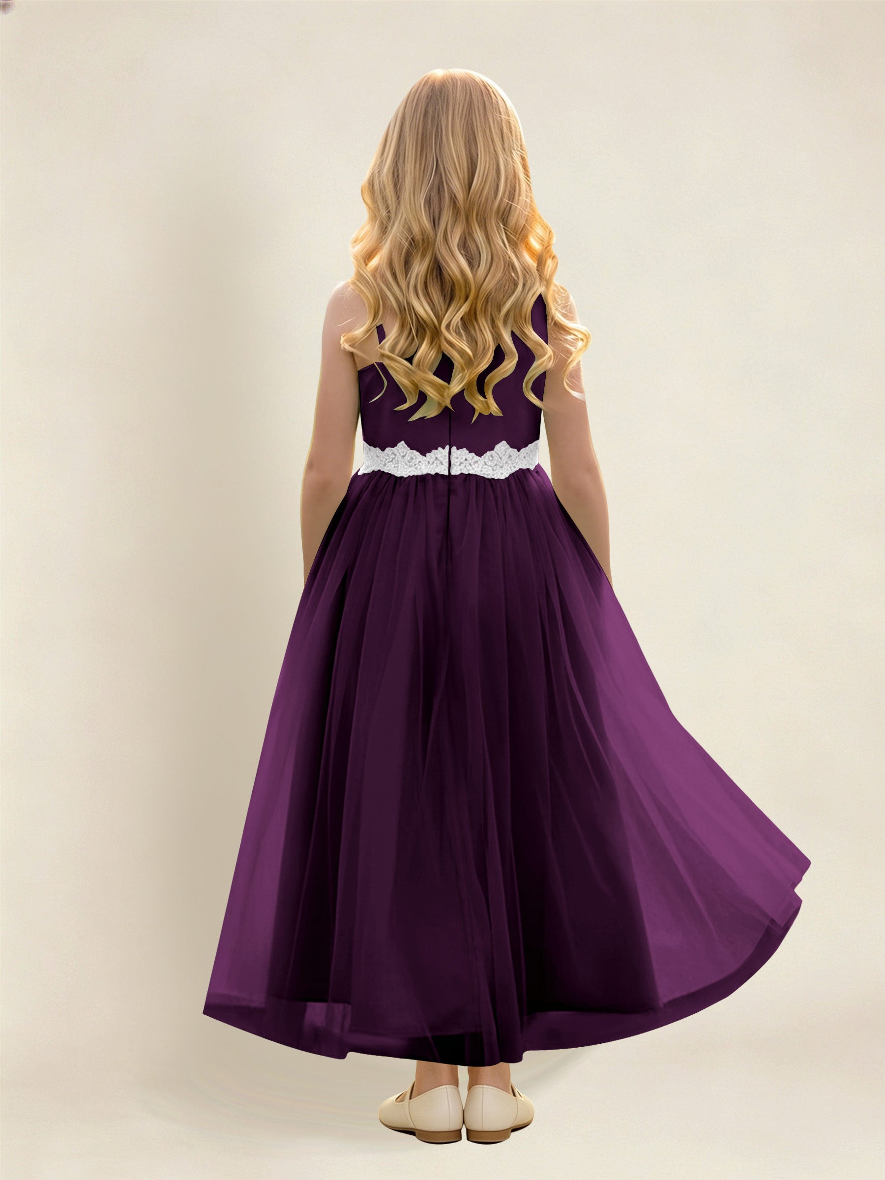 ROVDESY Asymmetric One Shoulder  Satin  Tulle Junior Bridesmaid Dress