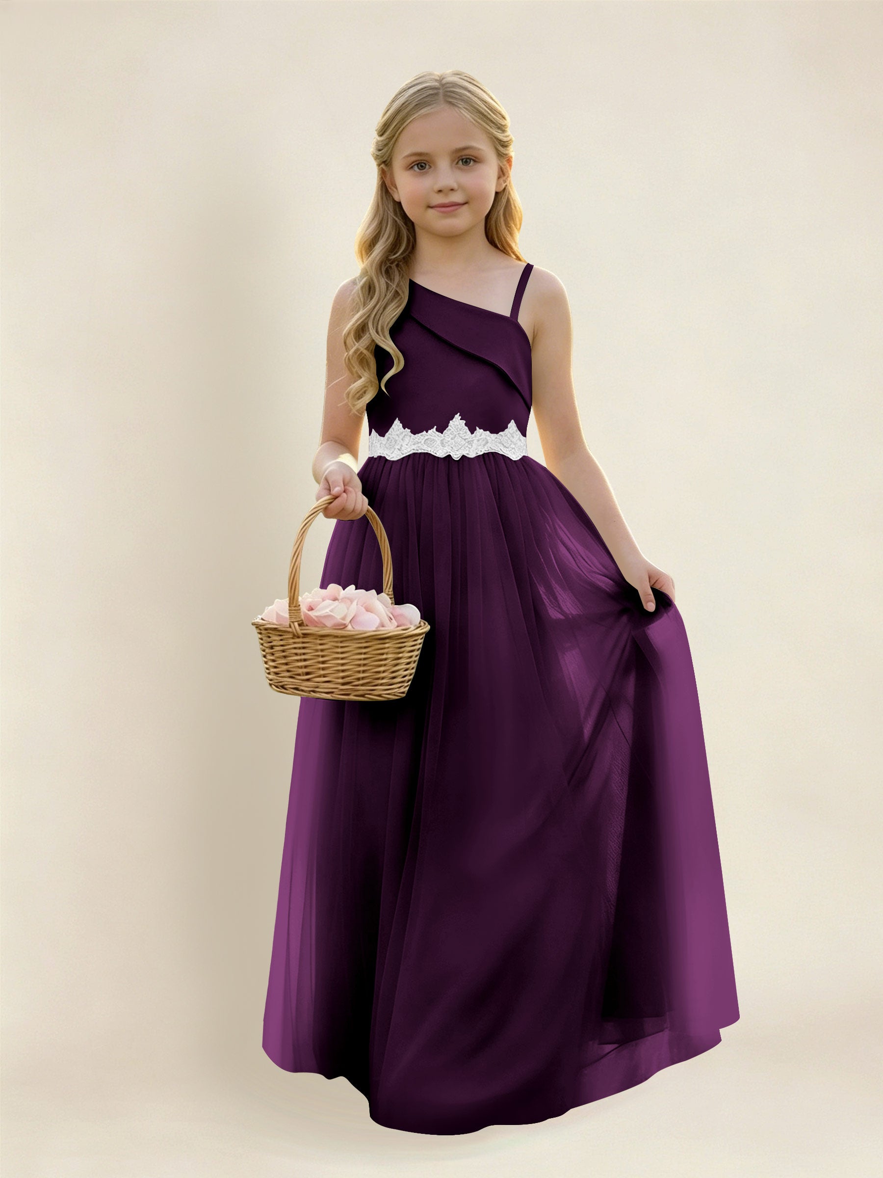 ROVDESY Asymmetric One Shoulder  Satin  Tulle Junior Bridesmaid Dress