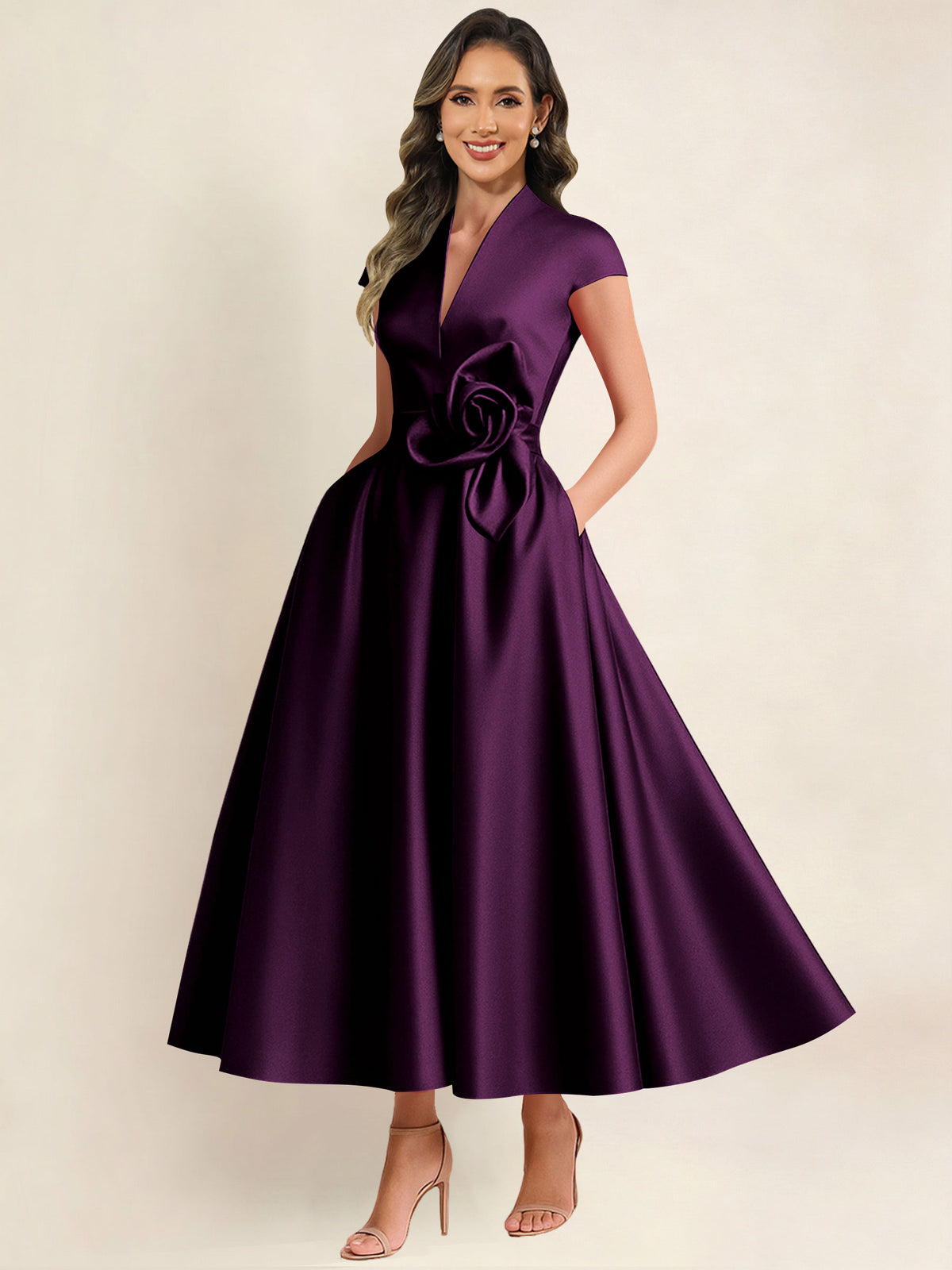 A Line V Neck 3D Flower Satin Mother of the Bride Dress