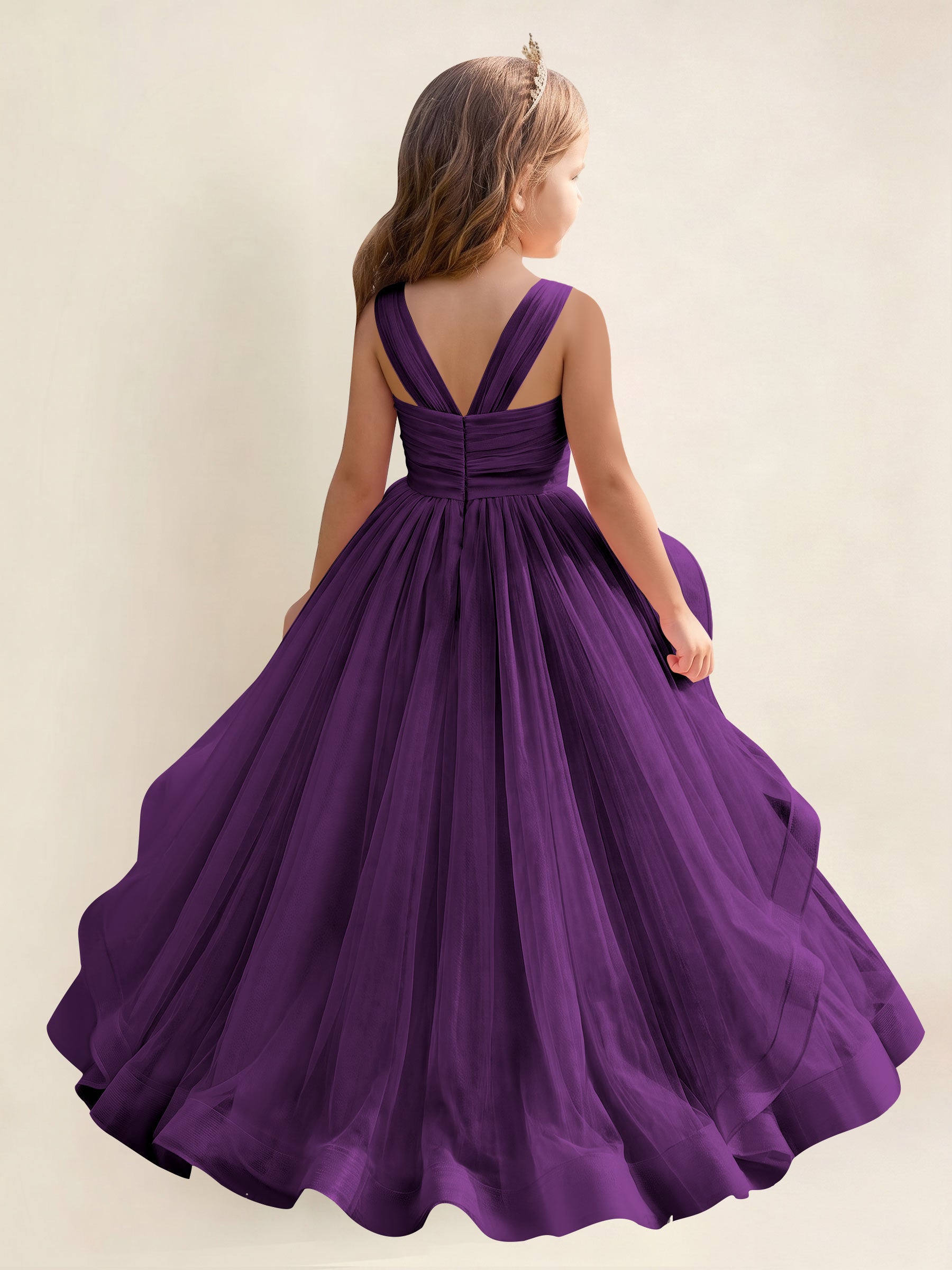 ROVDESY A-Line V-Neck Tulle Flower Girl Dress With Sleeveless Long Ball Gown Dress