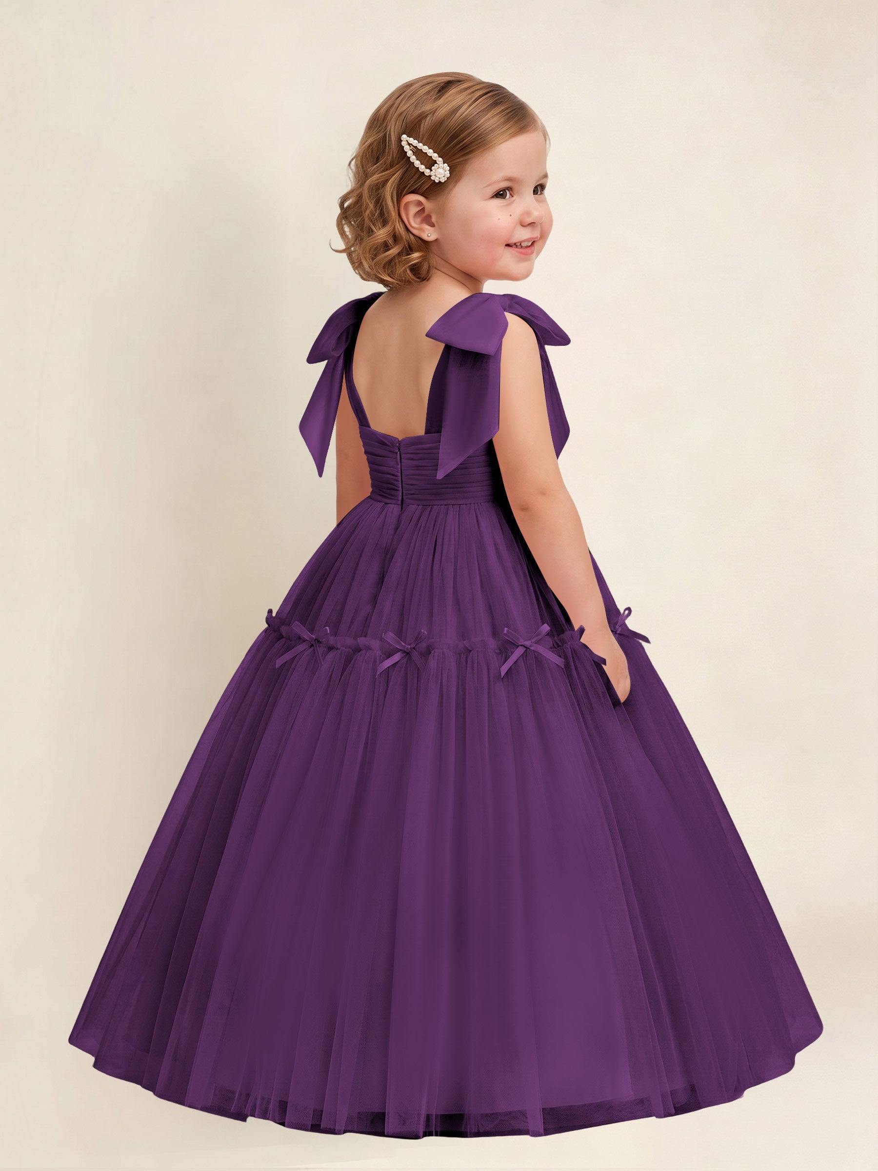 ROVDESY A-Line Tulle Flower Girl Dress With Bow Long Ball Gown Dress