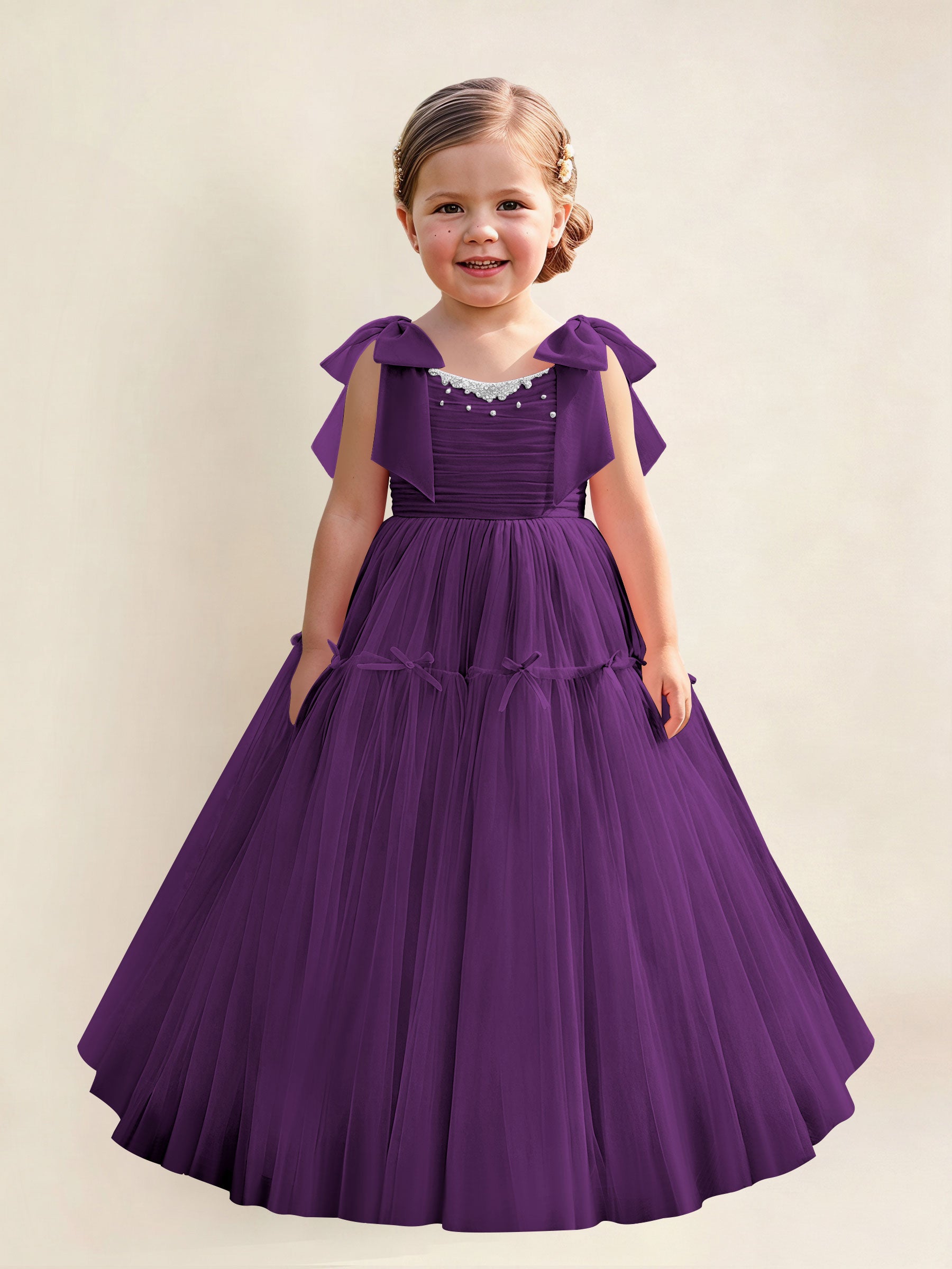 ROVDESY A-Line Tulle Flower Girl Dress With Bow Long Ball Gown Dress