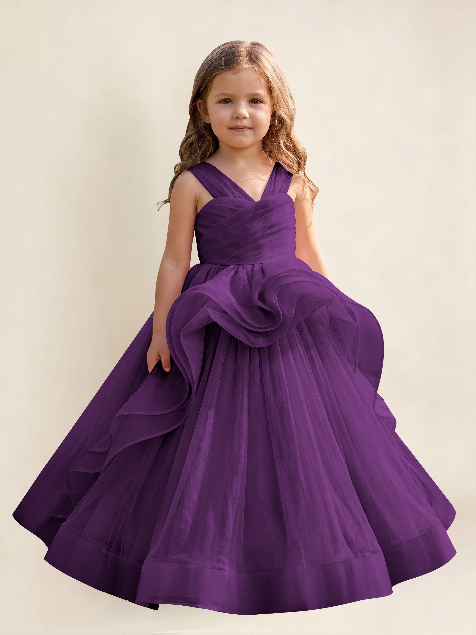 ROVDESY A-Line V-Neck Tulle Flower Girl Dress With Sleeveless Long Ball Gown Dress