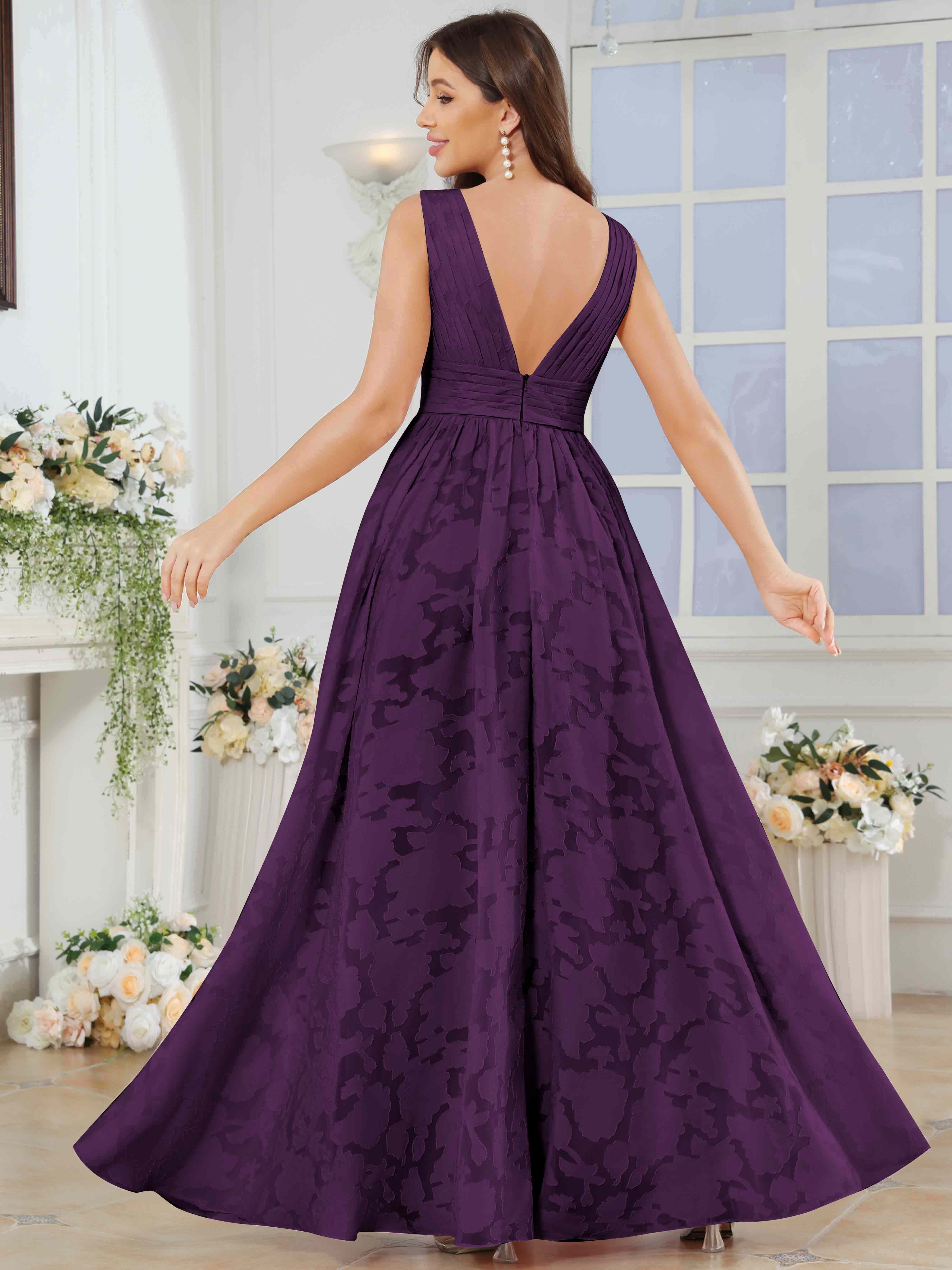 ROVDESY A-Line V-Neck Pleated Chiffon Jacquard Bridesmaid/Peom Dress With Slit