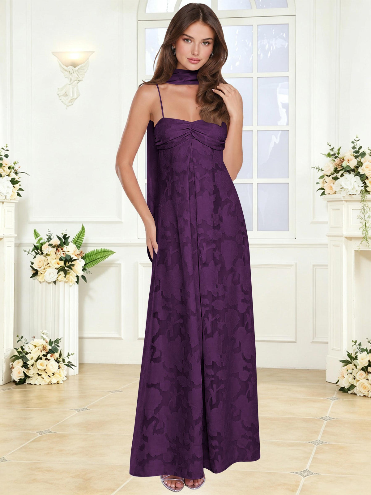 Spaghetti Strap Ruched Floral Jacquard A Line Bridesmaid Dress with Scarf